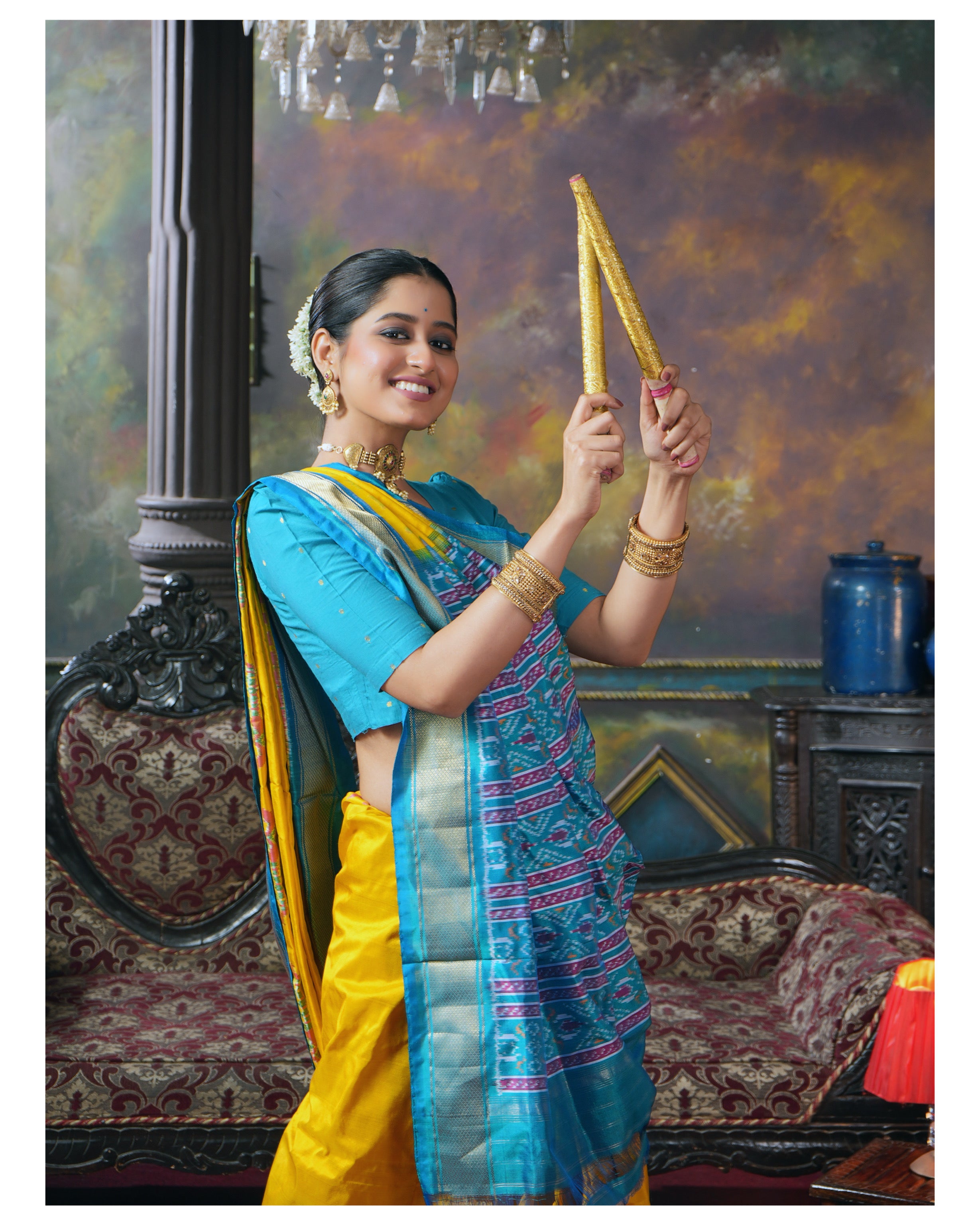 Pure Silk Ikat - Yellow Firozi Pochampally