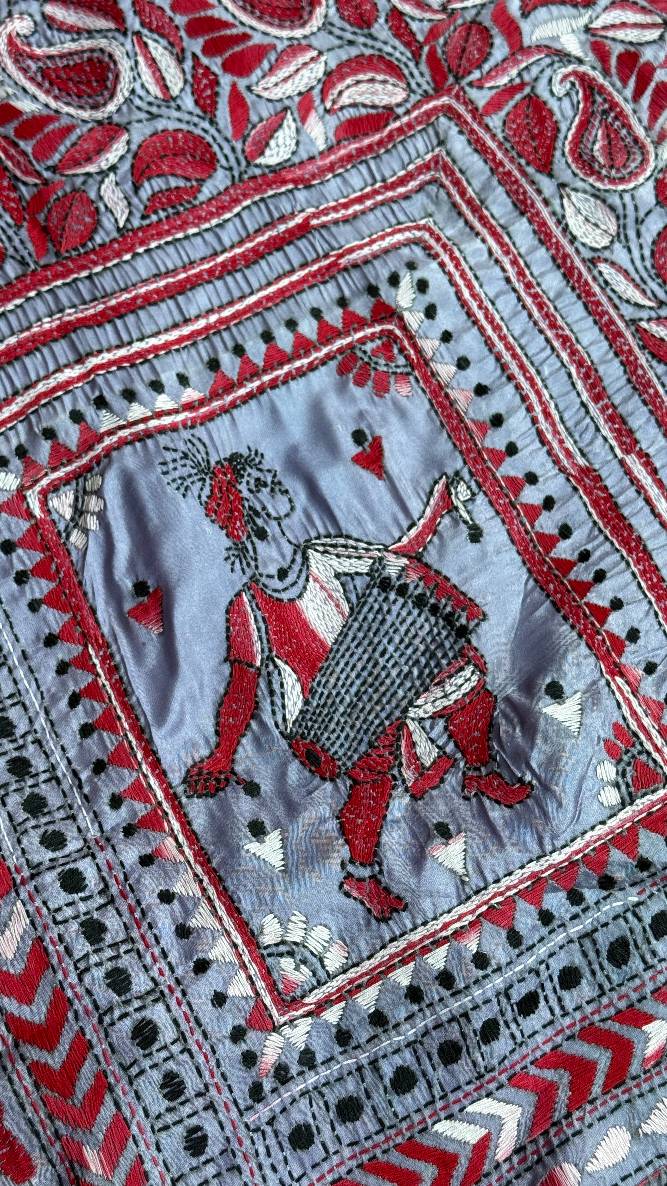 Bangalore Batik Kantha Silk -  White Violet Red Patli Pallu