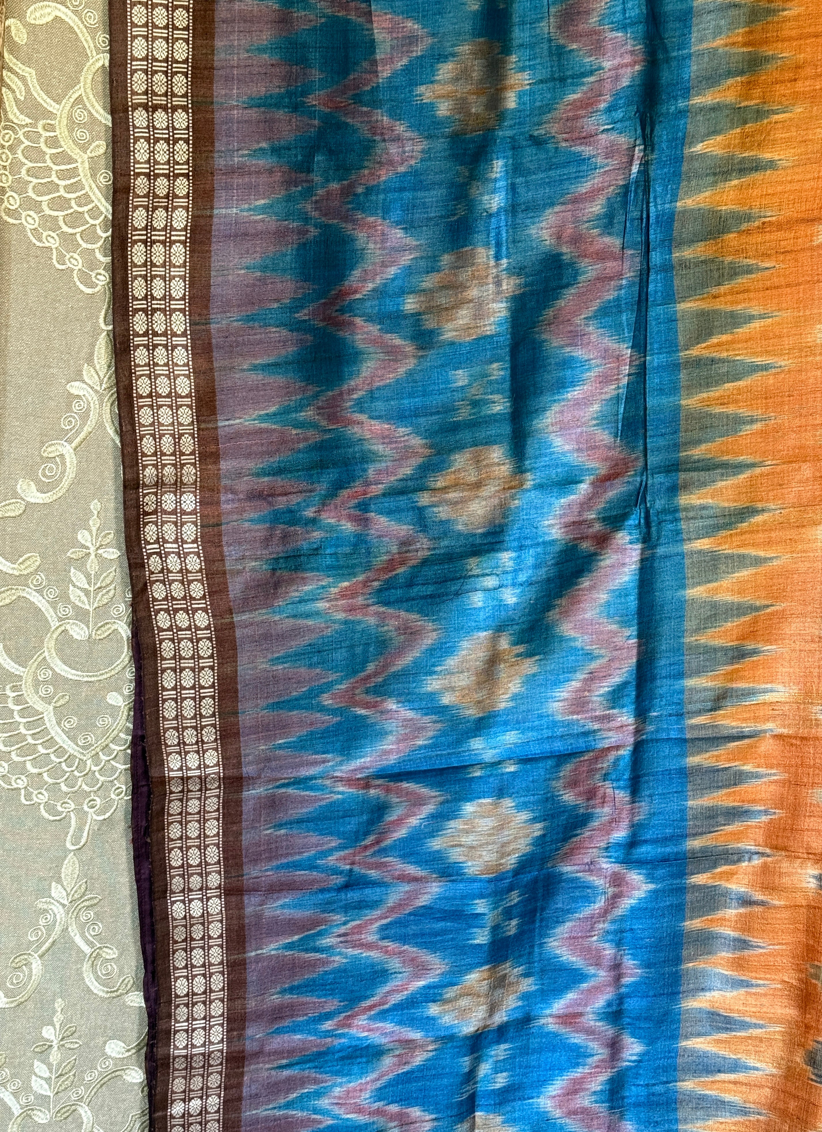 Gopalpur Tussar Silk Ikat - Sea green Plum Orange