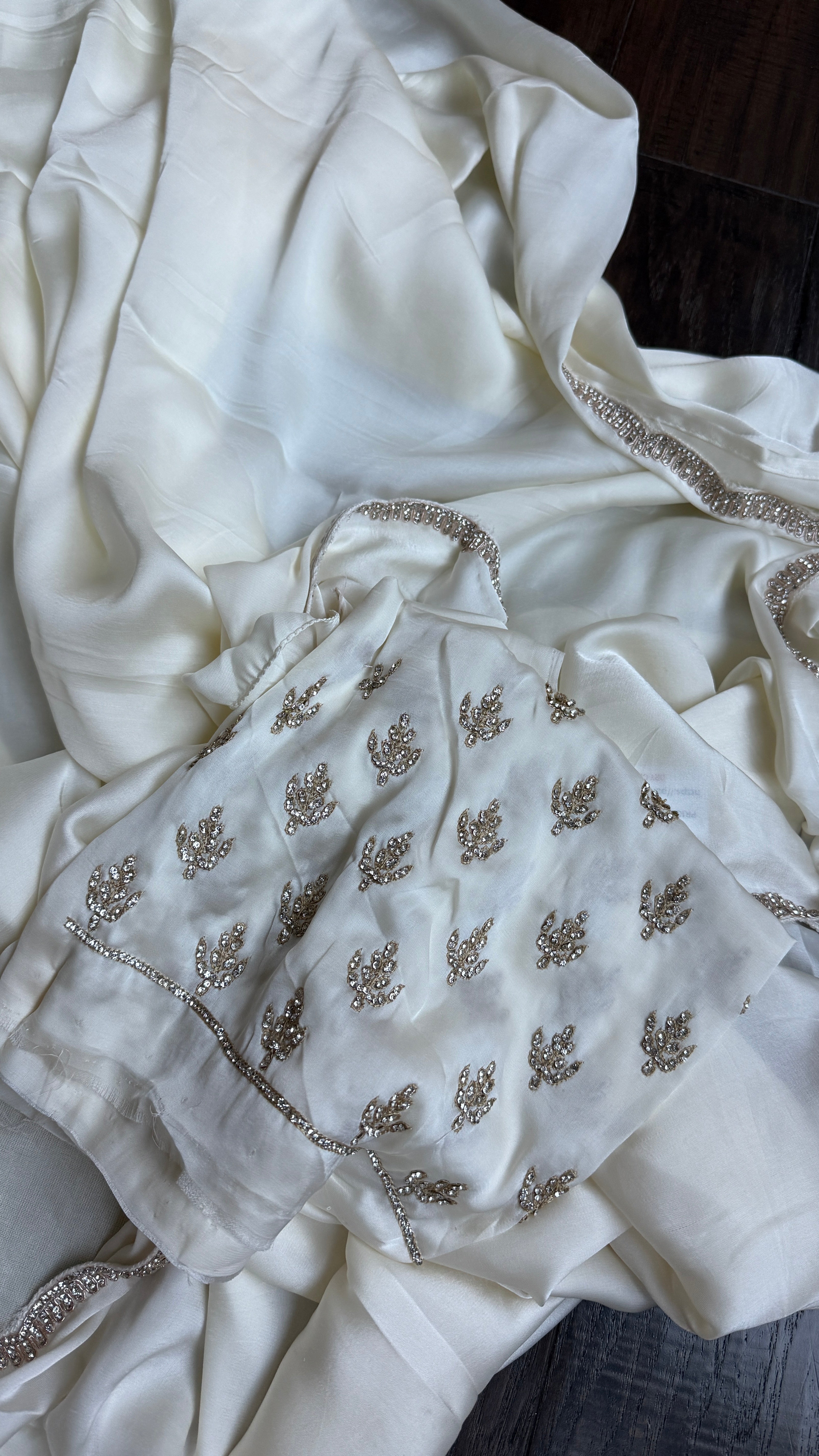 Designer Satin Silk - Cream Stone Border