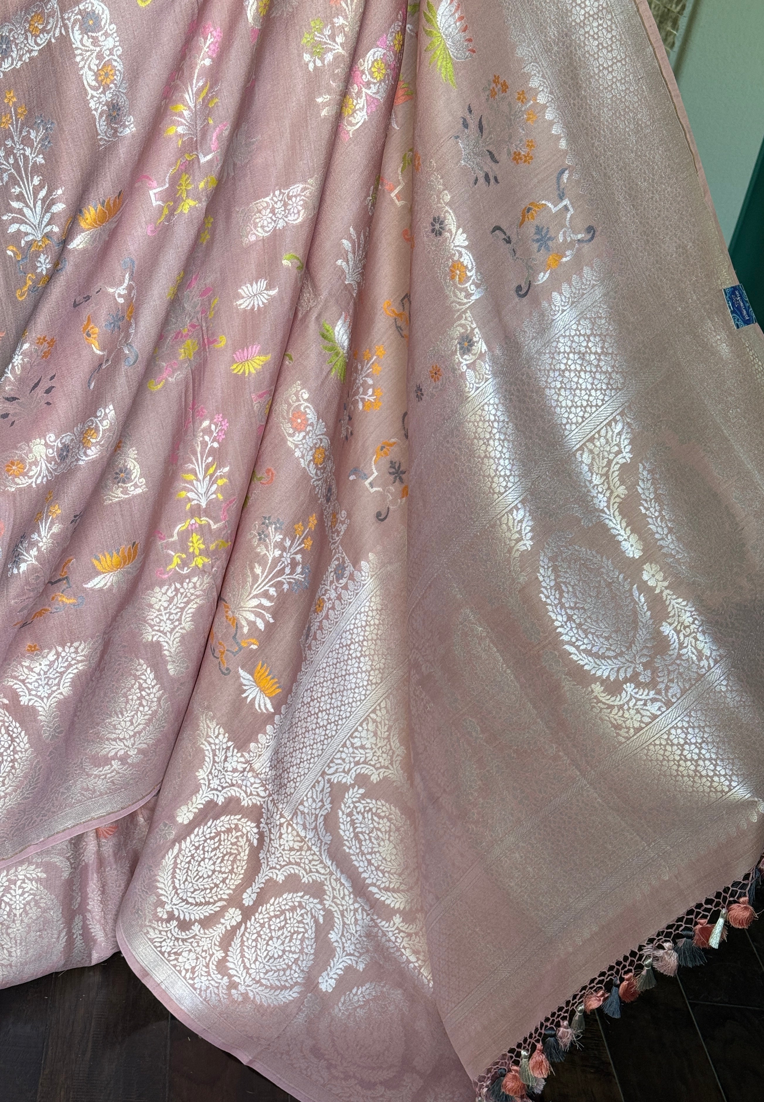 Tussar Silk Banarasi- Light Blush Pink Silver Zari