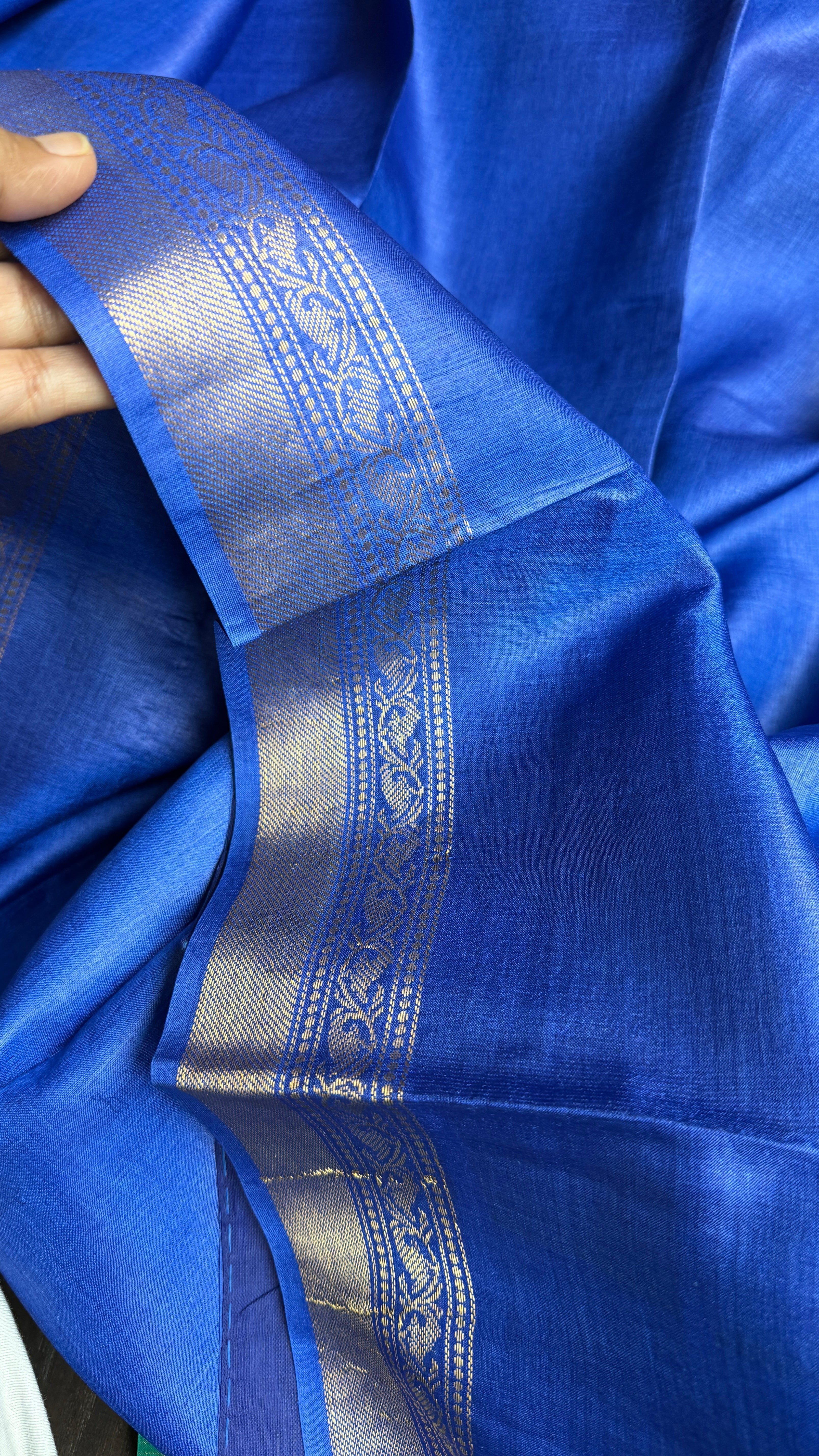 Handwoven Tussar Silk - Royal Blue Green Golden Zari