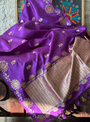 Pure Katan Silk Banarasi - Purple Hand Brush painted