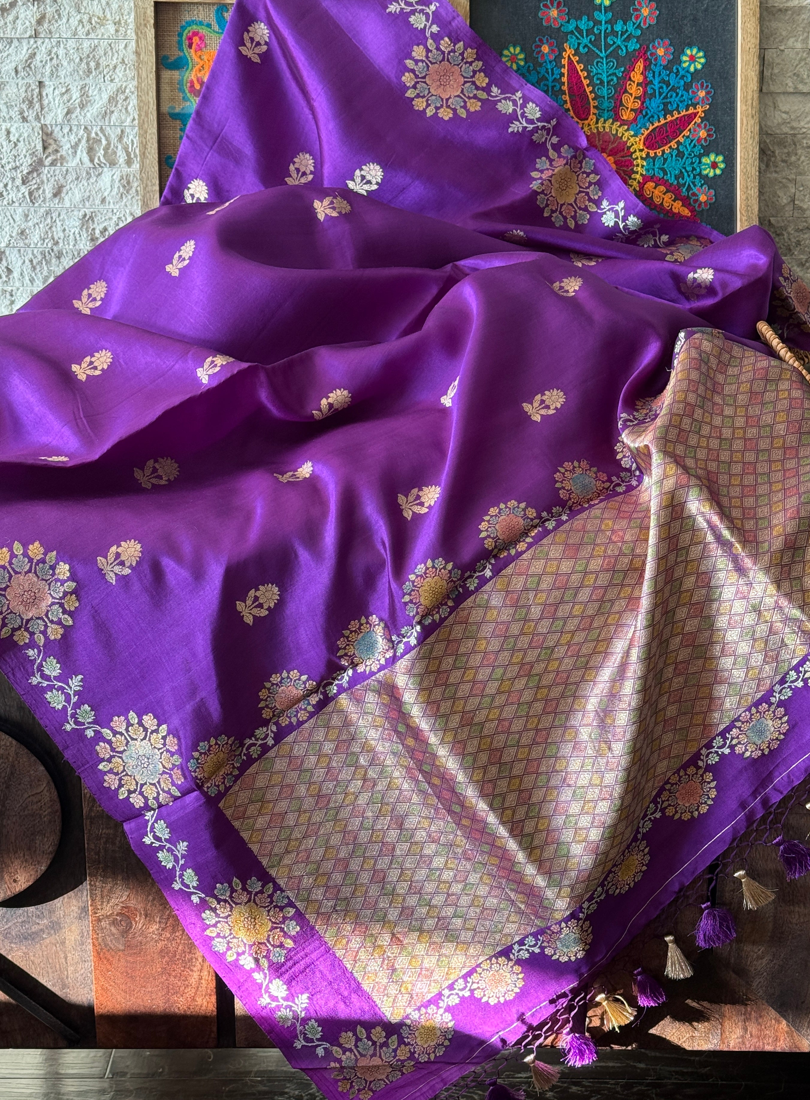 Pure Katan Silk Banarasi - Purple Hand Brush painted