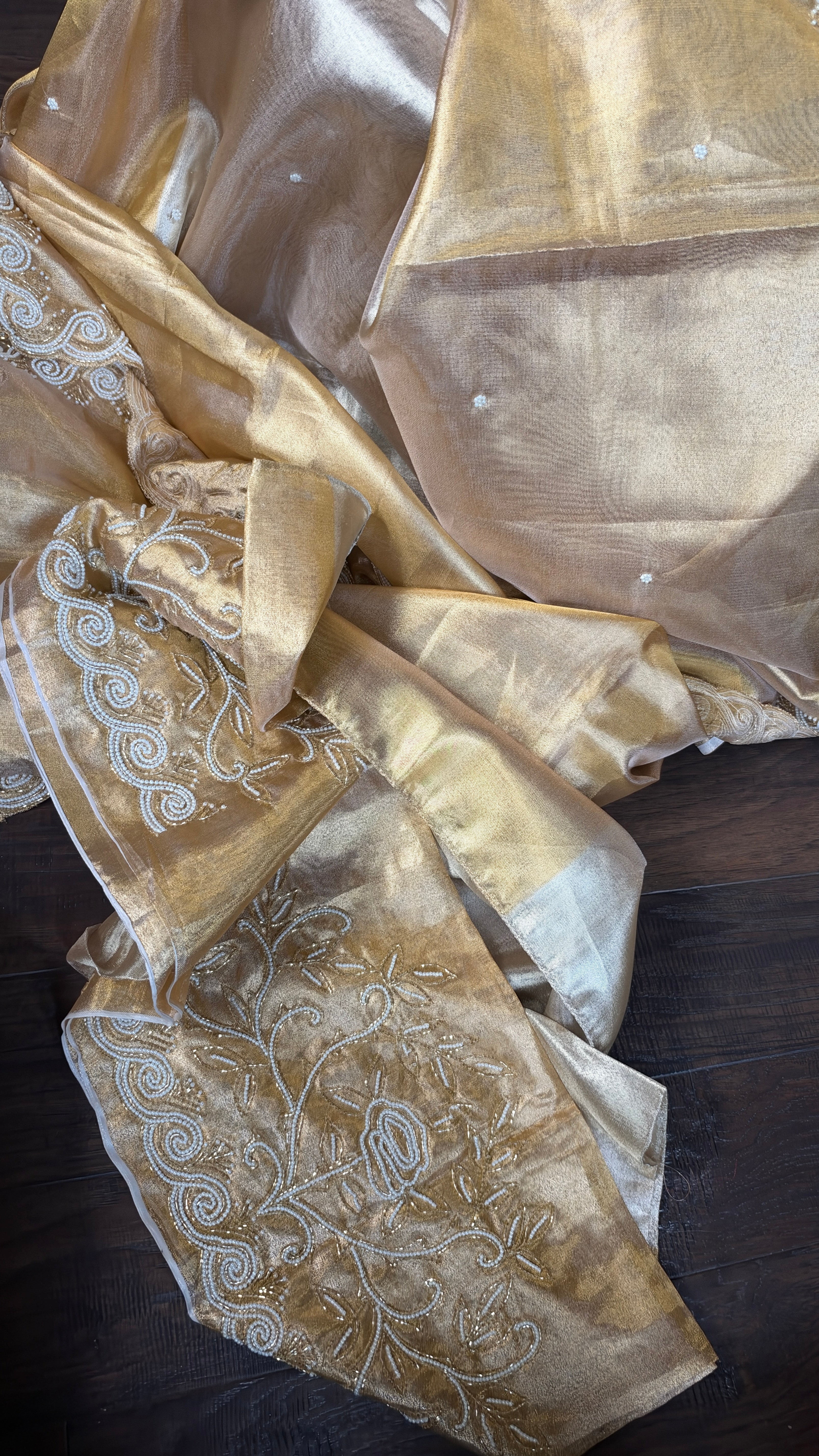 Designer Tissue Silk - Silver Golden Embroidered