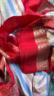 Pure Matka Tussar Silk - Light Pink Red Striped