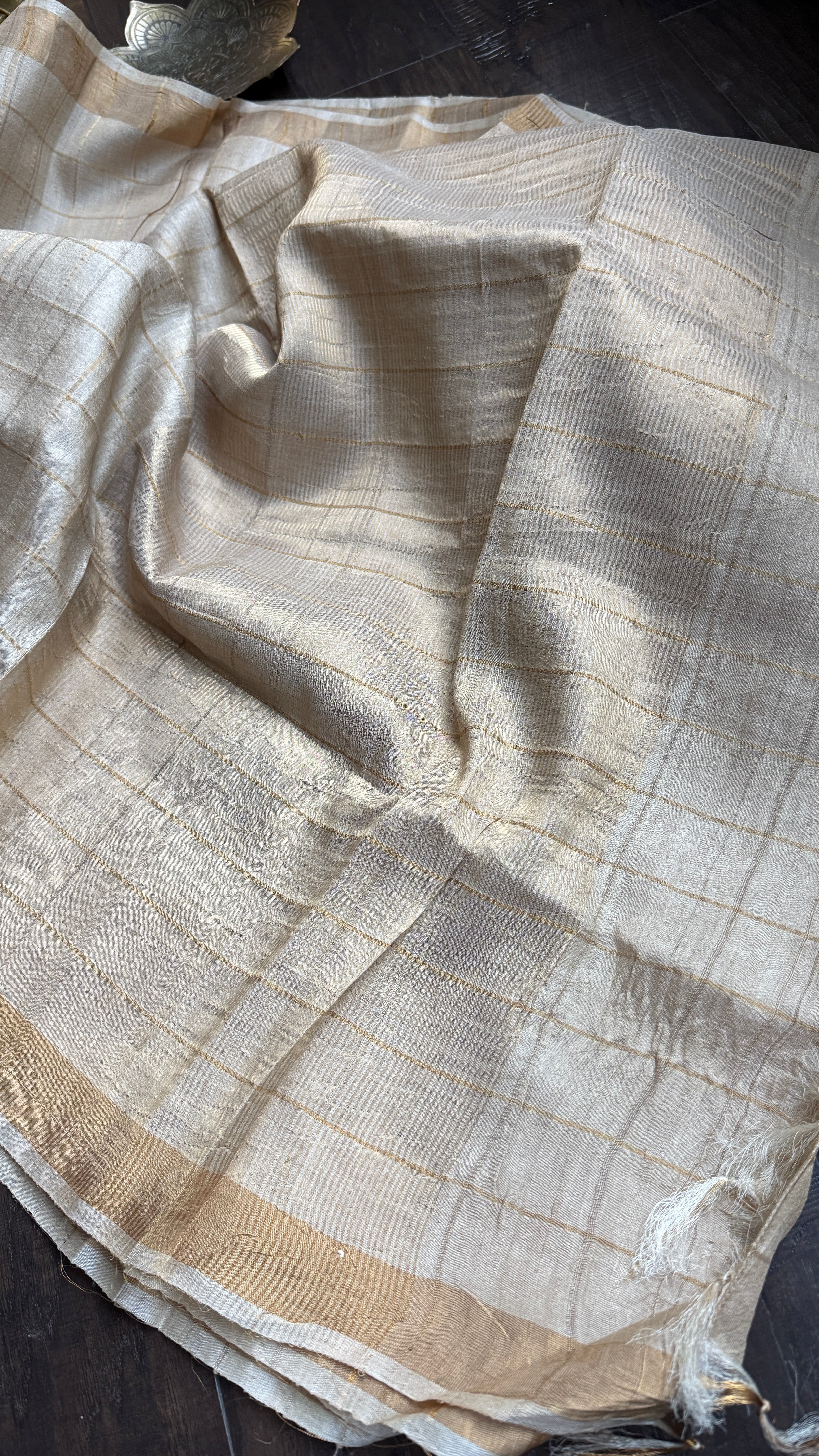 Pure Tussar Silk - Beige Golden Zari Woven5