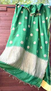 Pure Muga Chiffon Banarasi - Green Crushed Gold Zari
