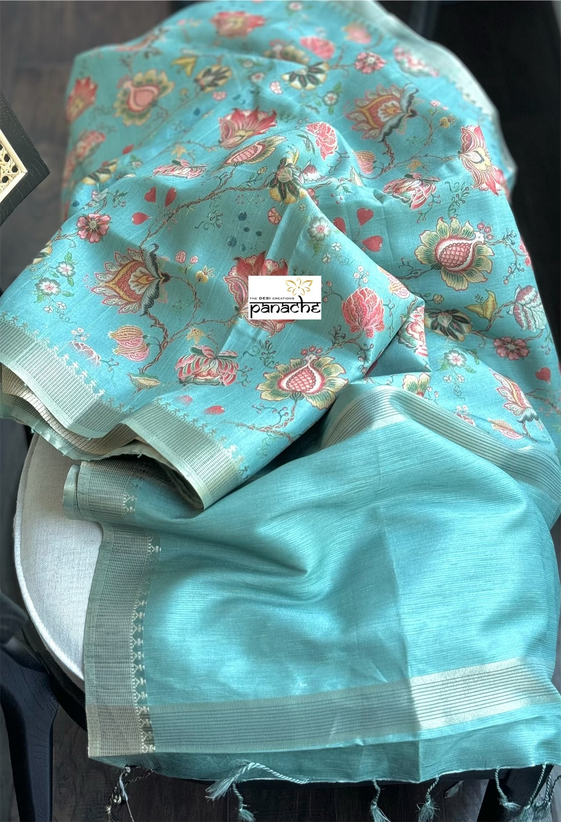 Designer Tussar Floral - Aqua Blue