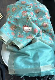 Designer Tussar Floral - Aqua Blue