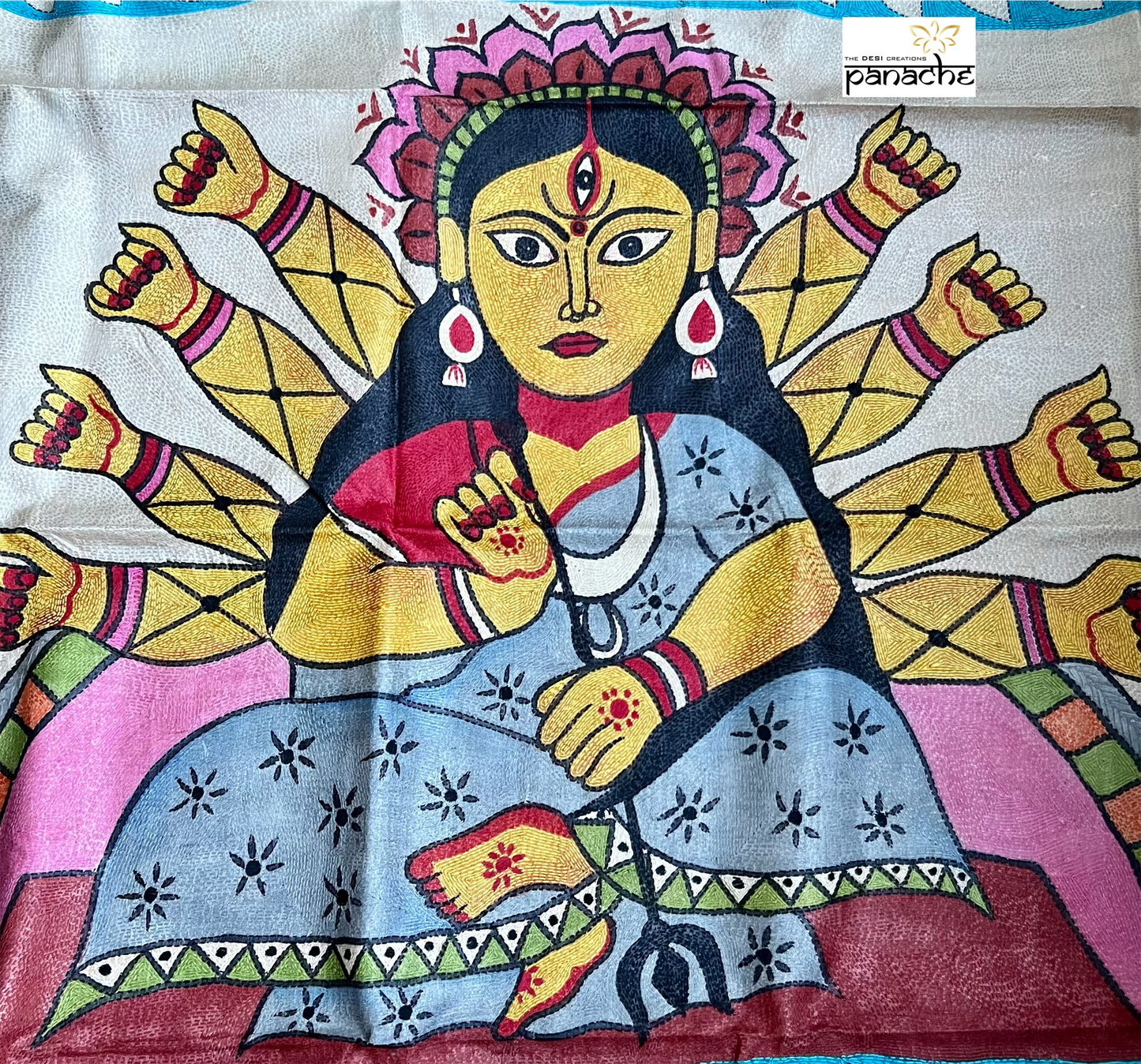 Pure Tussar Silk Sujni Kantha Stitch -  Moss Brown Ma Durga