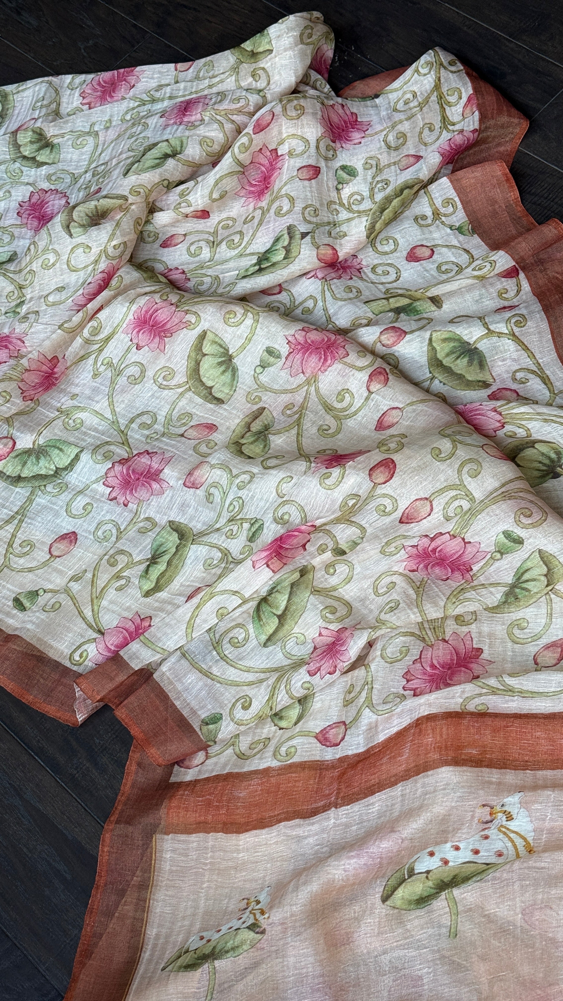 Linen Digital Print - Light Peach Green Pichwai