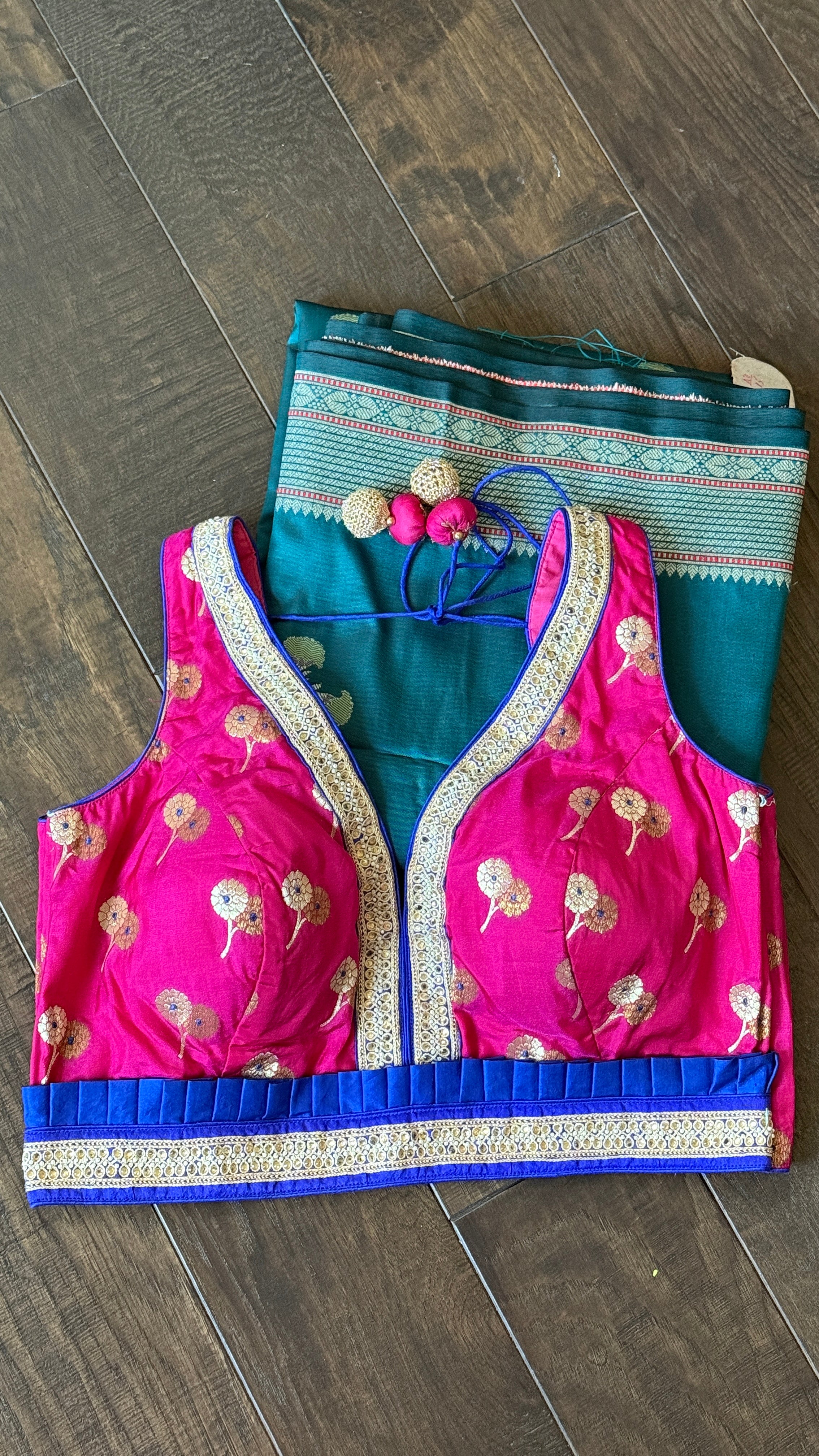 Designer Blouse - Pink Blue Golden Zari