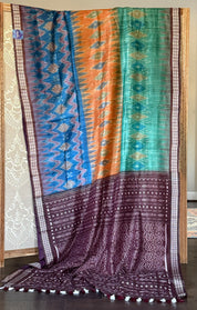 Gopalpur Tussar Silk Ikat - Sea green Plum Orange