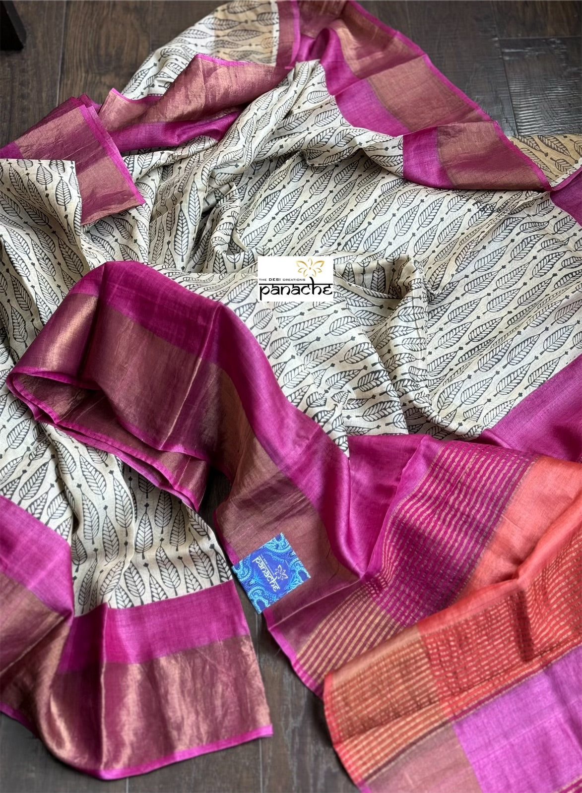 Pure Tussar Silk - Beige Black Pink Hand-Block Printed