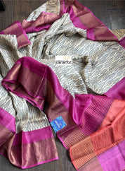 Pure Tussar Silk - Beige Black Pink Hand-Block Printed