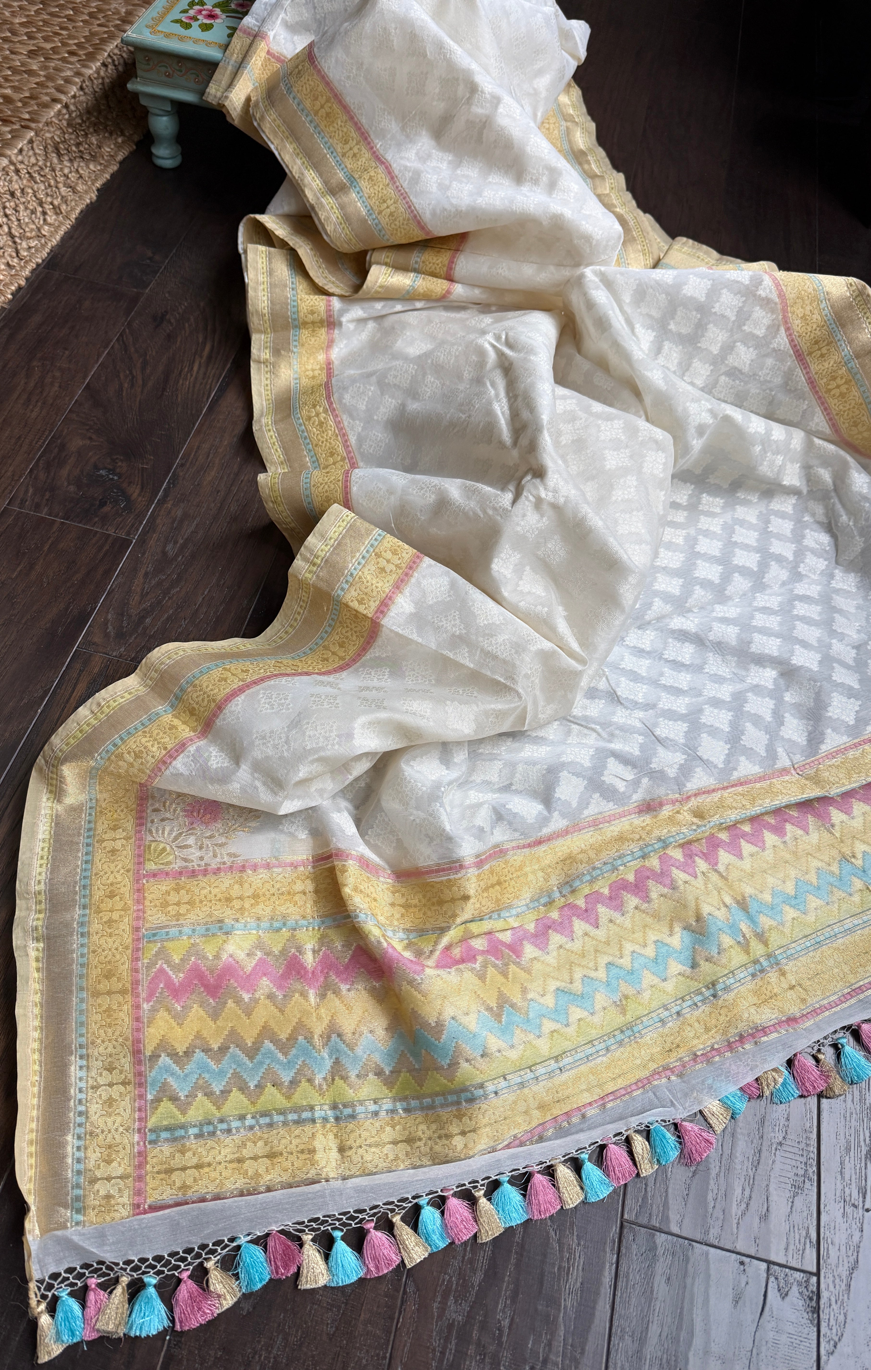 Kora Cotton Banarasi - White Woven