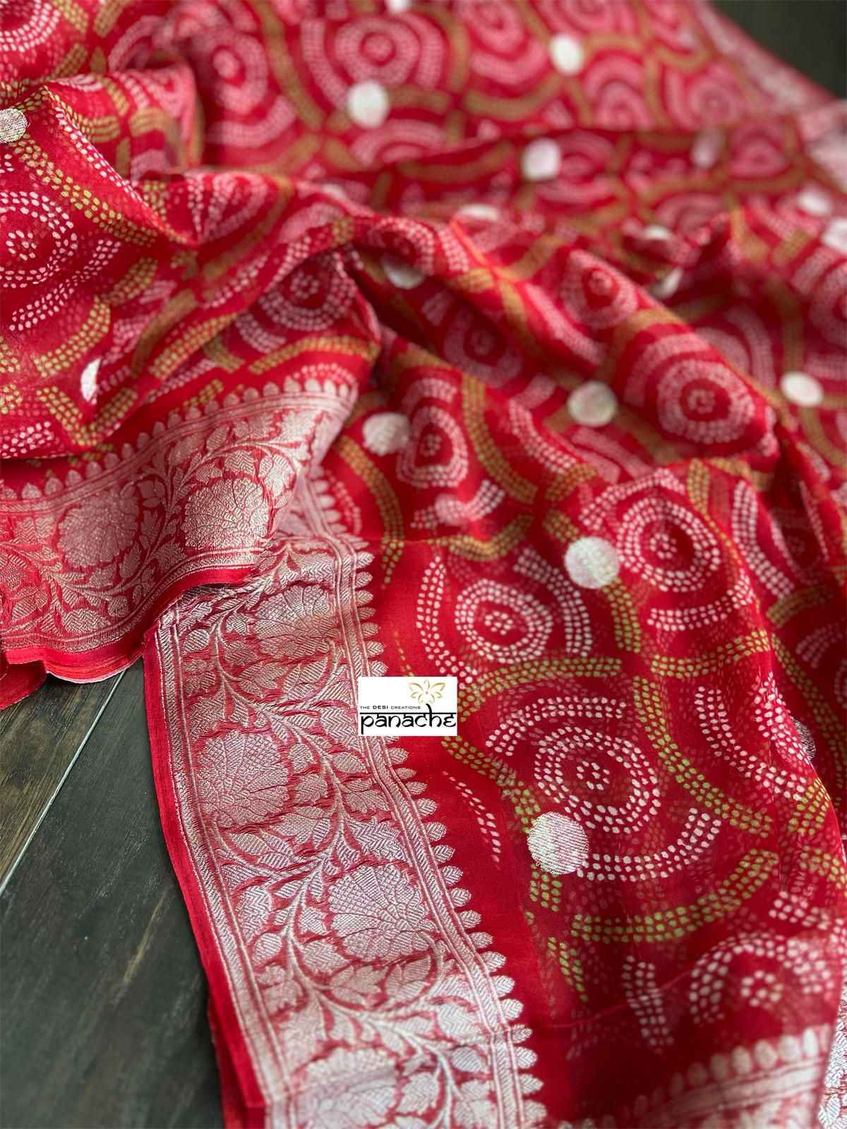 Khaddi Chiffon Banarasi - Red Bandhej Printed