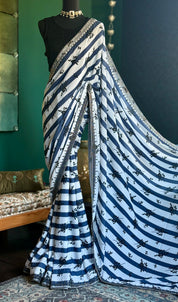 Designer Georgette- White Blue Black