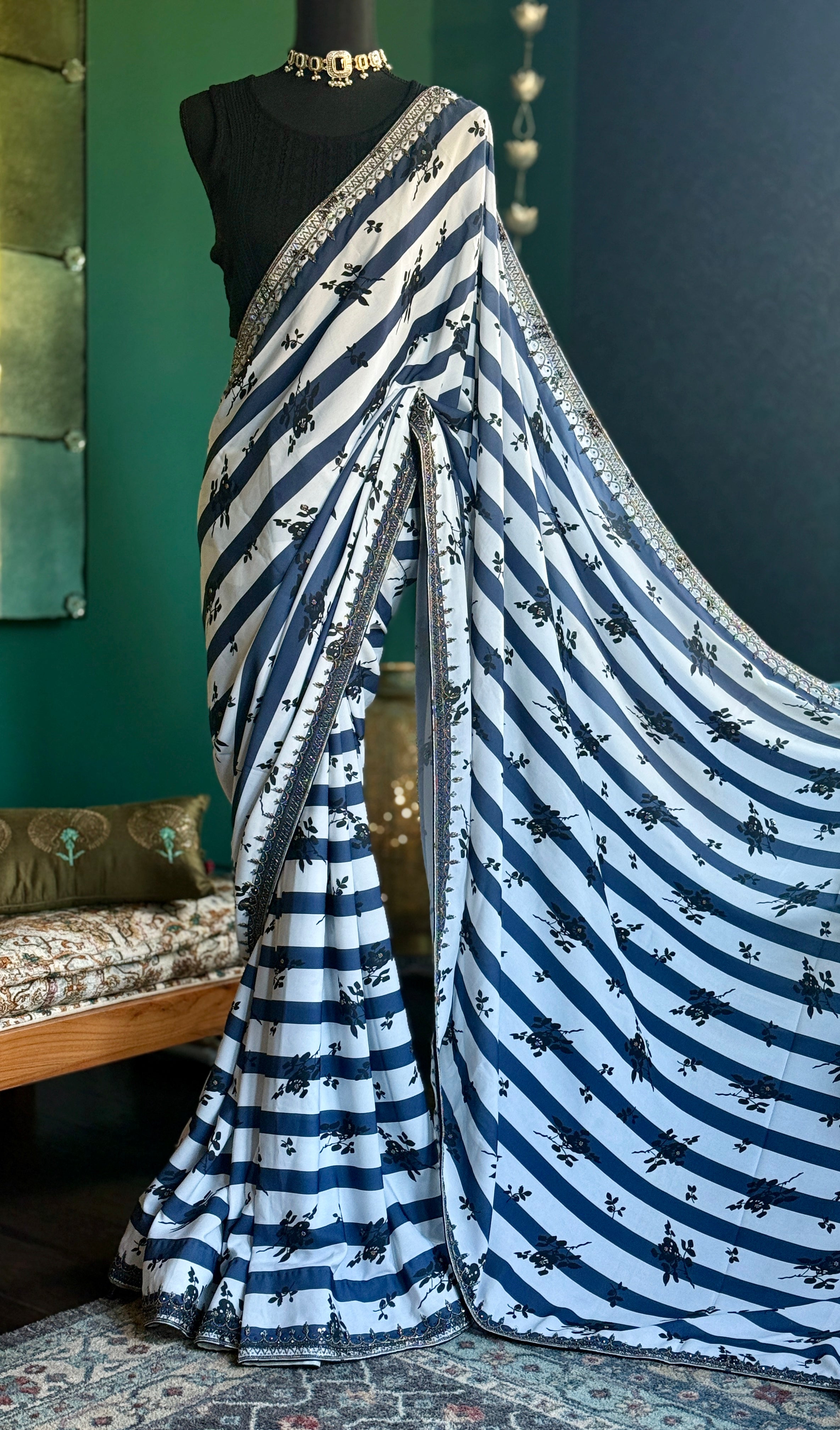 Designer Georgette- White Blue Black