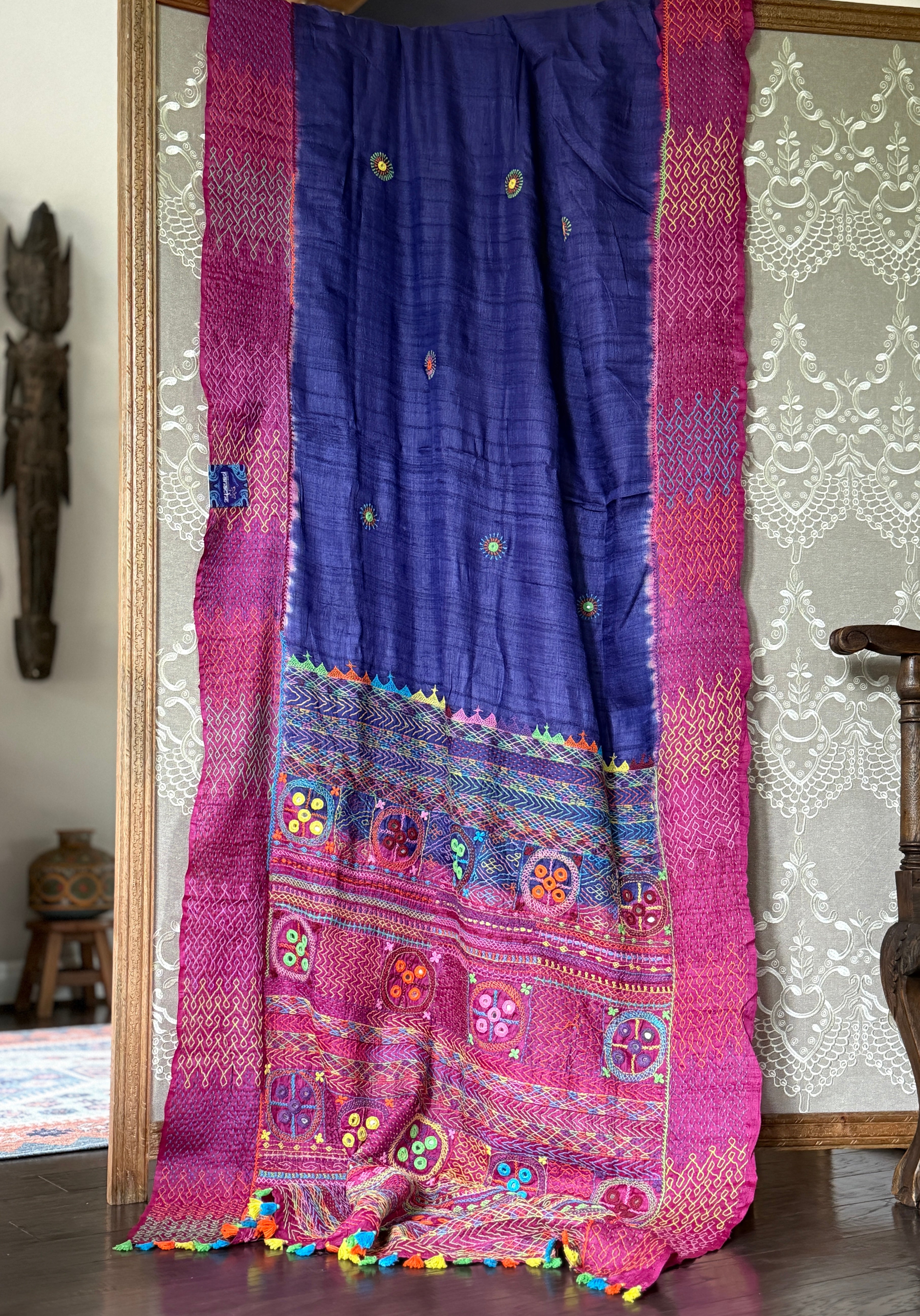 Pure Tussar Silk Lambani - Blue Pink Hand Embroidered