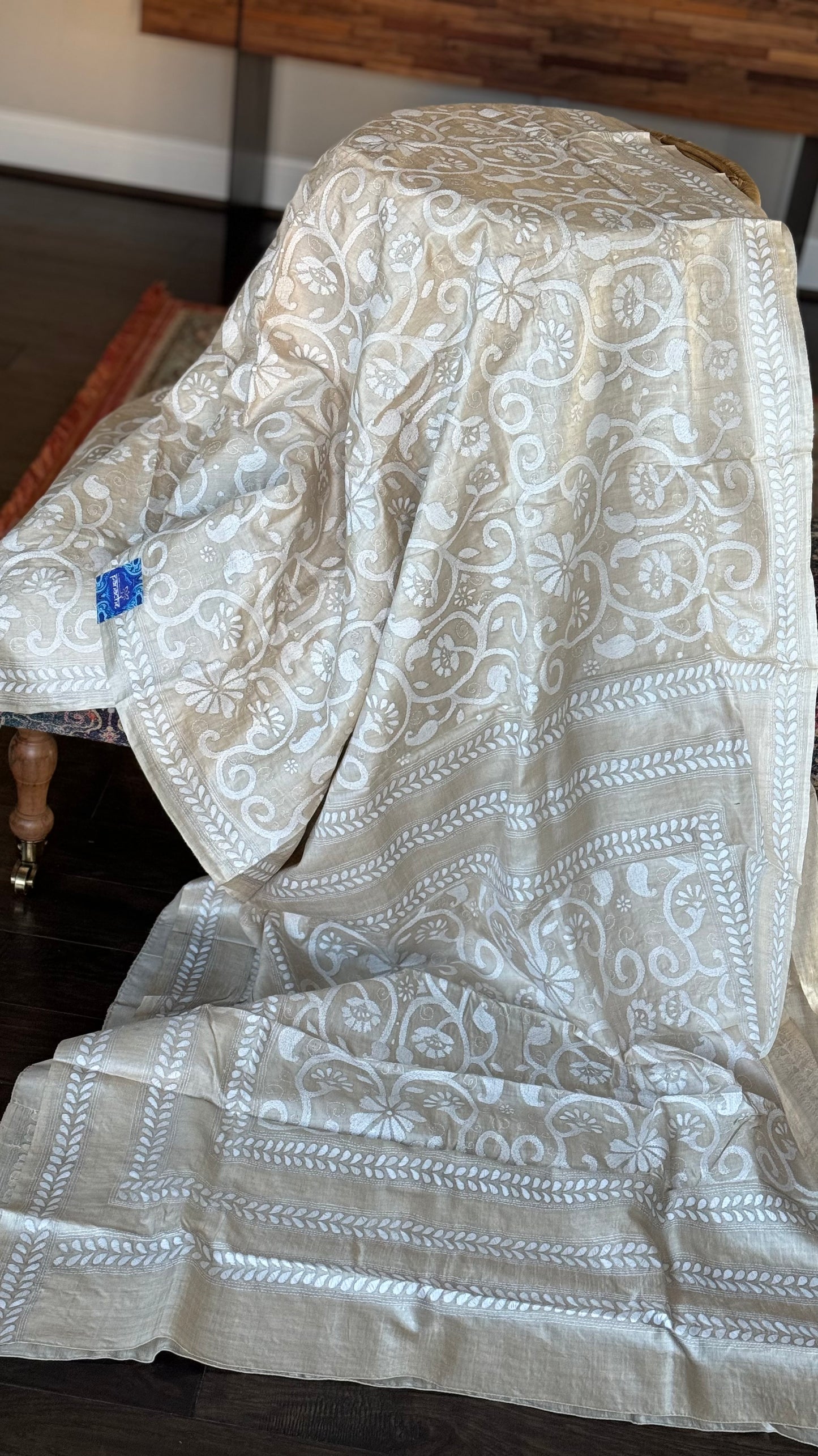 Pure Tussar Silk Kantha Stitch - Beige White