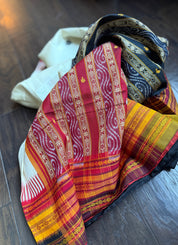 Sambalpuri Handloom Double Ikat *KATHIE-PHERA* Mulberry Silk saree - Off-white Red Yellow Black