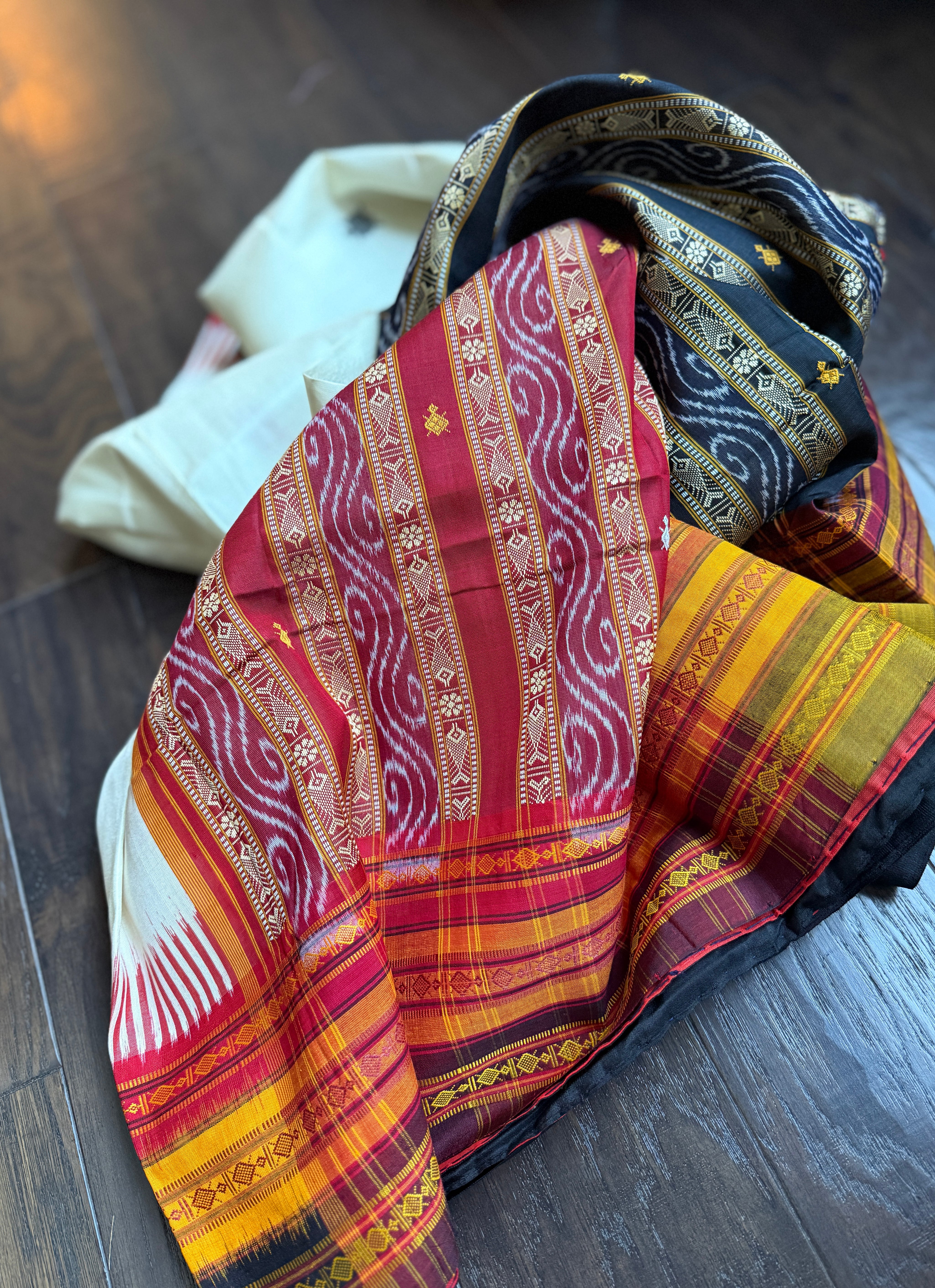 Sambalpuri Handloom Double Ikat *KATHIE-PHERA* Mulberry Silk saree - Off-white Red Yellow Black