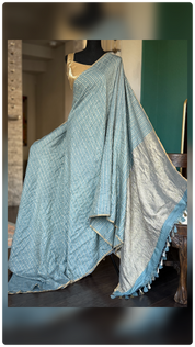 Pure Muga Chiffon Banarasi - Grey Blue Crushed Gold Zari