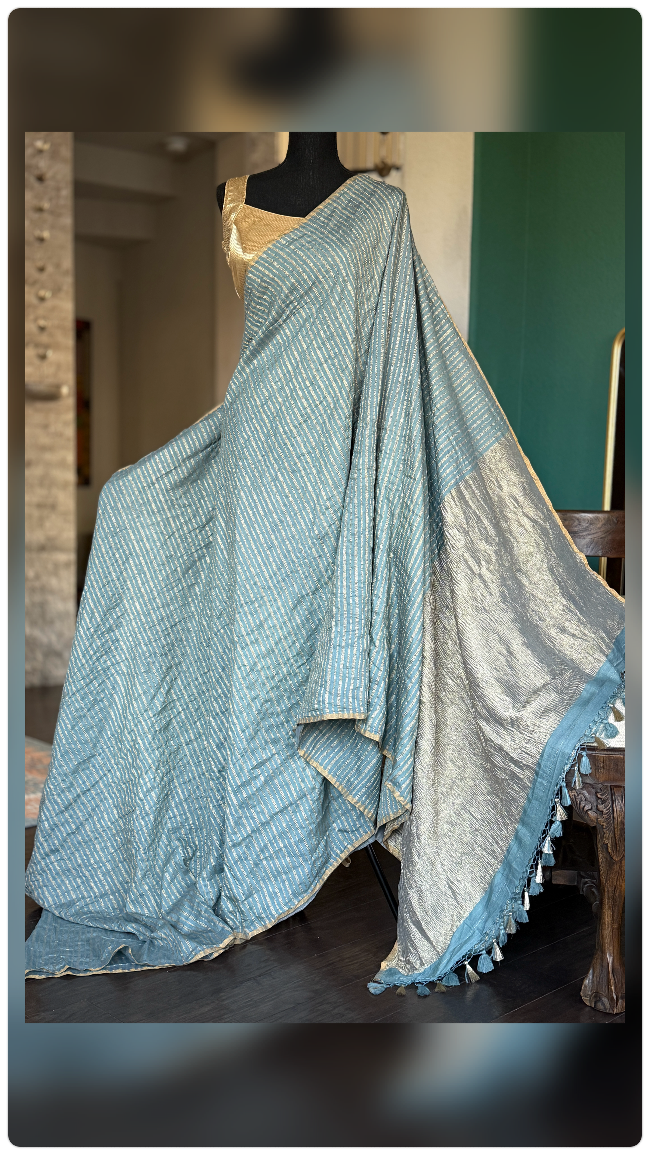 Pure Muga Chiffon Banarasi - Grey Blue Crushed Gold Zari
