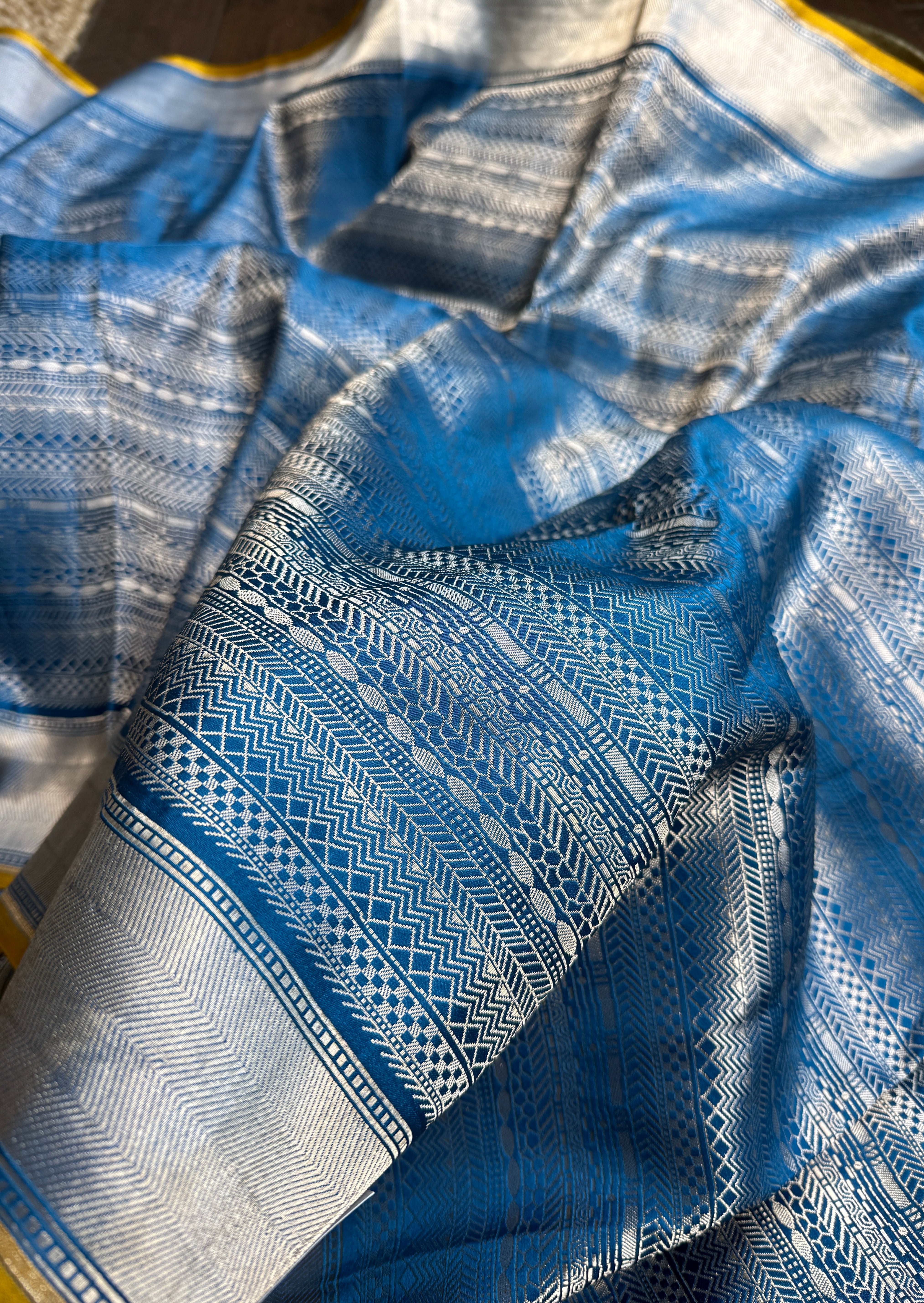 Pure Silk Brocade Banarasi- Blue Yellow