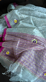 Hand Zardozi Pure Chanderi Tissue Silk - Silver Pink Woven