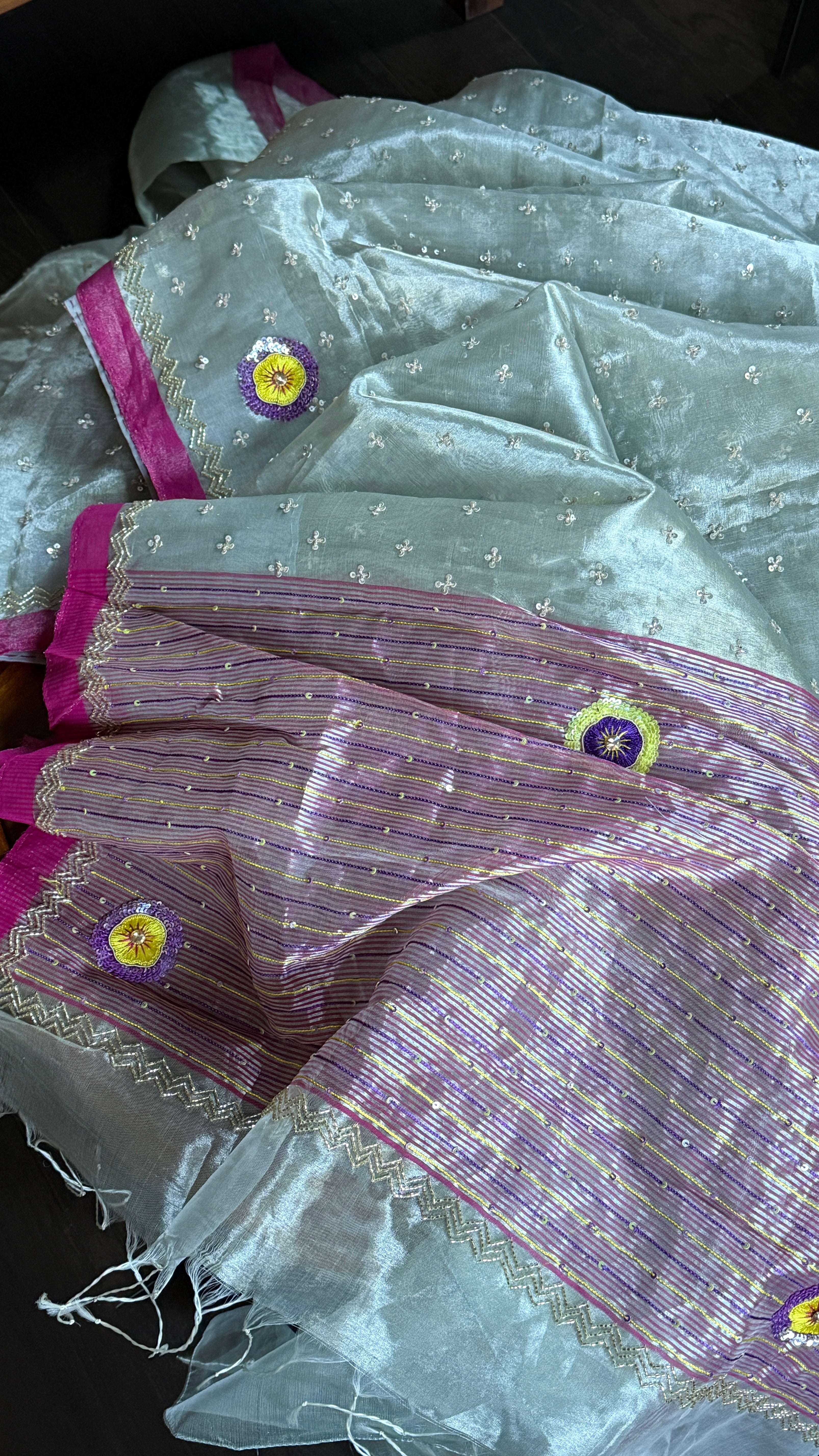 Hand Zardozi Pure Chanderi Tissue Silk - Silver Pink Woven