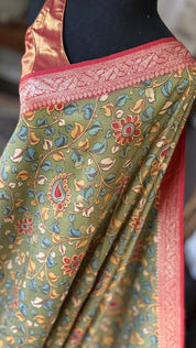 Tussar Silk Kalamkari Banarasi- Green Red