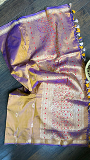 Pure Katan Silk Banarasi - Brown Purple Dual Shaded