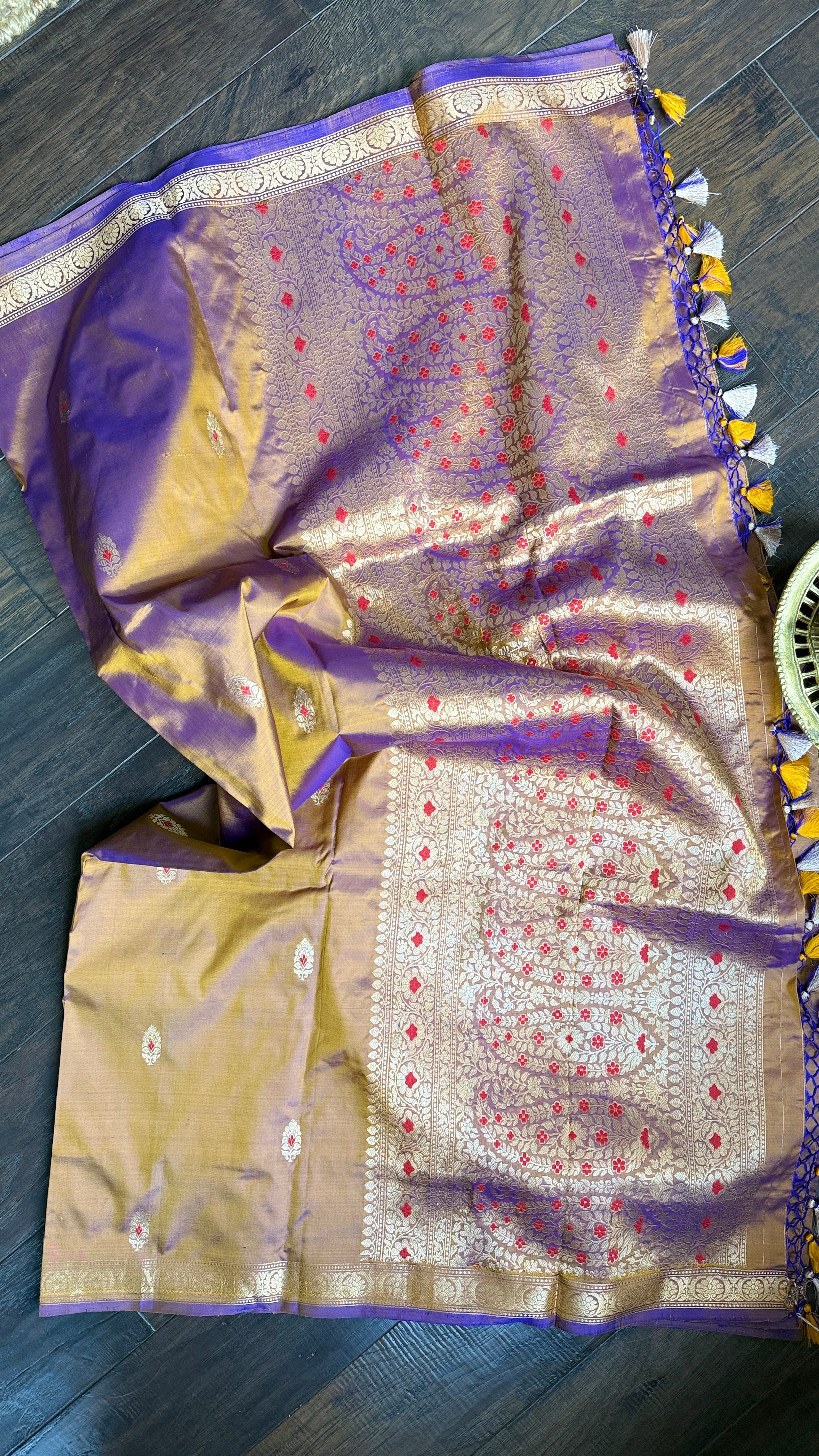 Pure Katan Silk Banarasi - Brown Purple Dual Shaded