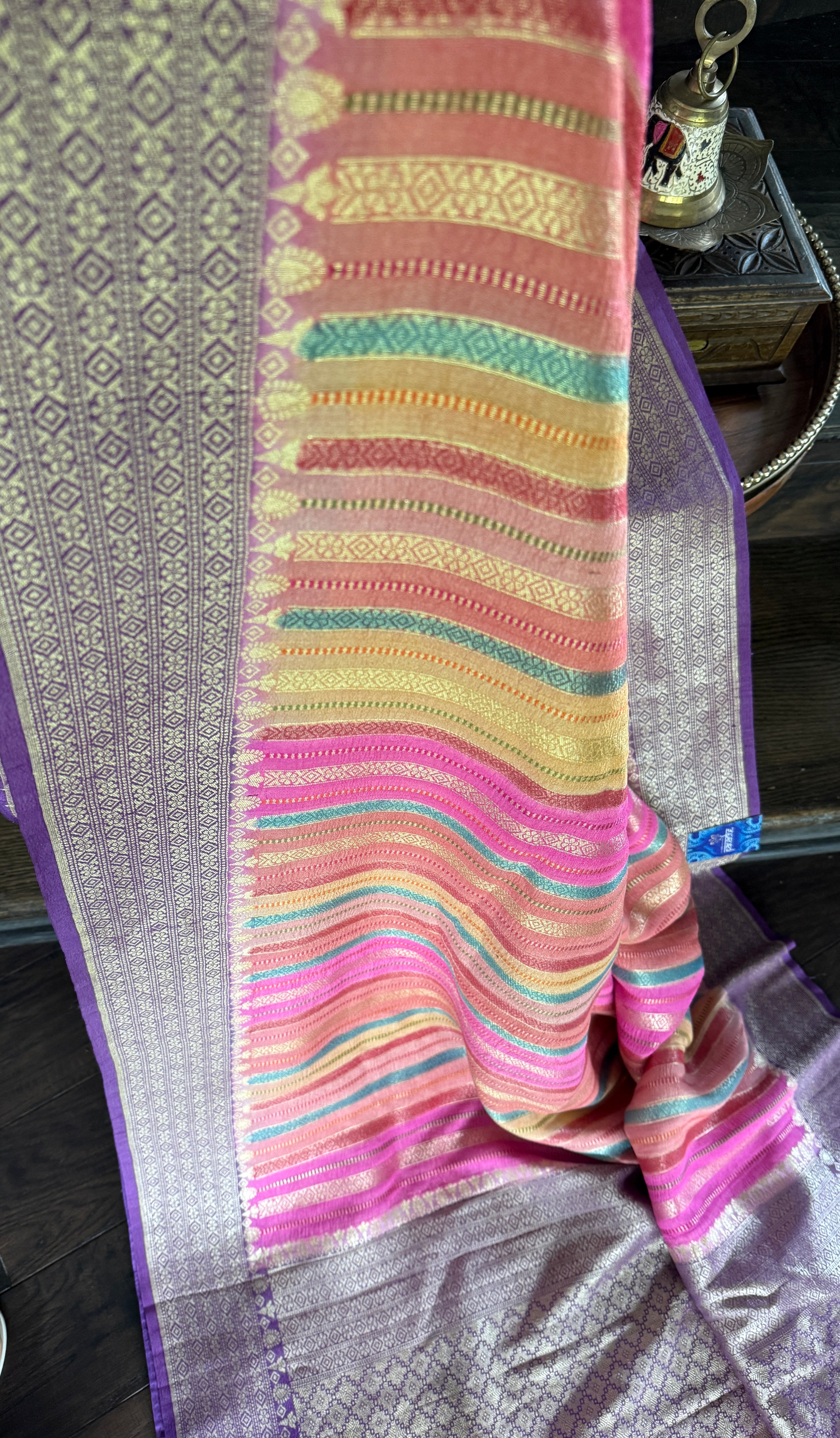 Khaddi Tussar Banarasi -  Pink Multi color Purple