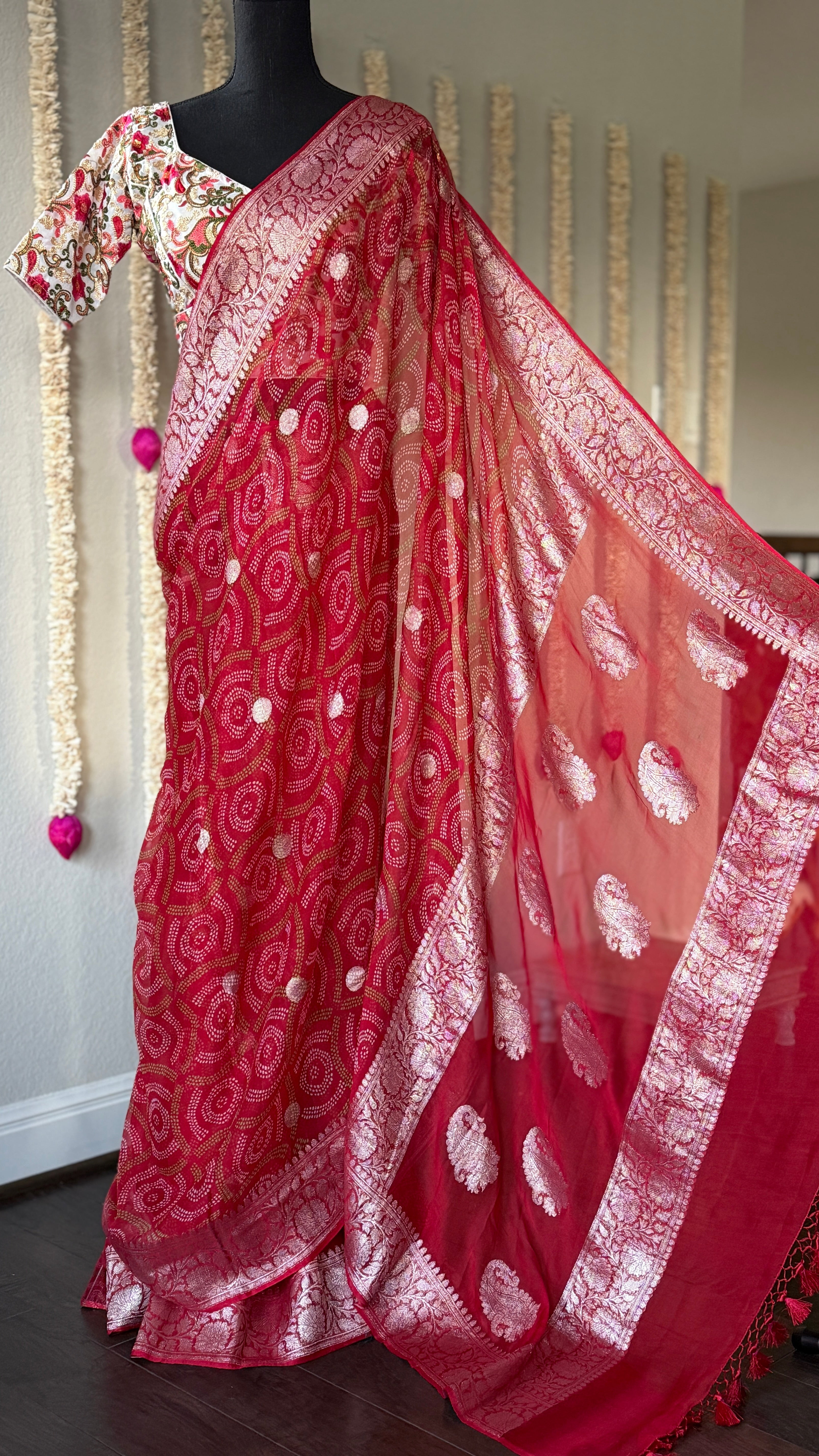 Khaddi Chiffon Banarasi - Red Bandhej Printed