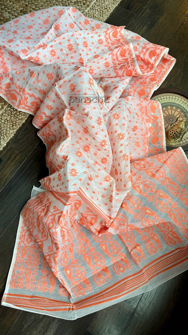 Jamdaani - White Orange Zari Woven