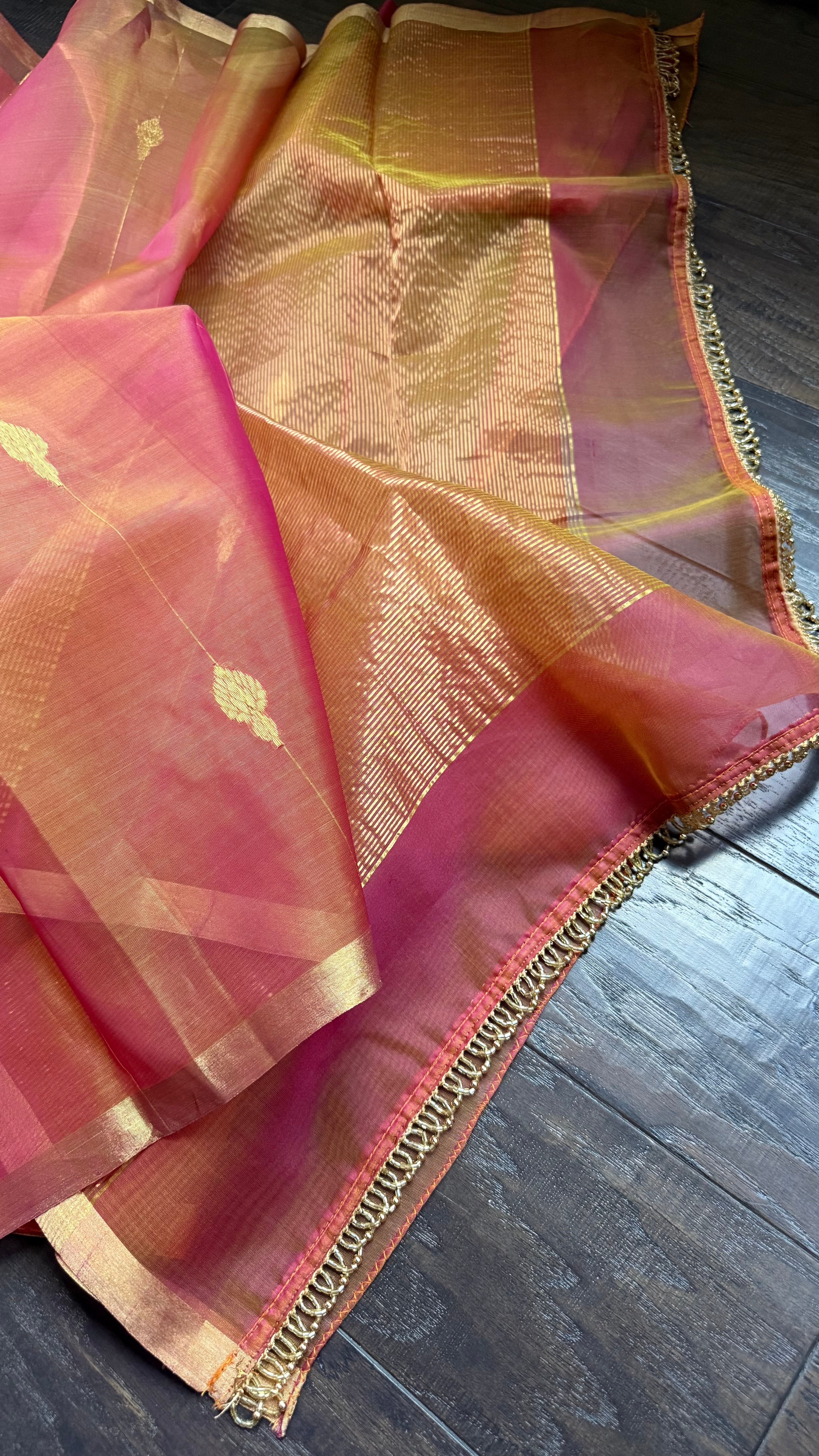 Chanderi Organza Silk - Pink Orange Dual shaded
