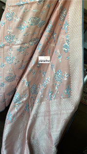 Khaddi Tussar Banarasi -  Peach Pink Grey Tilfi Antique Zari