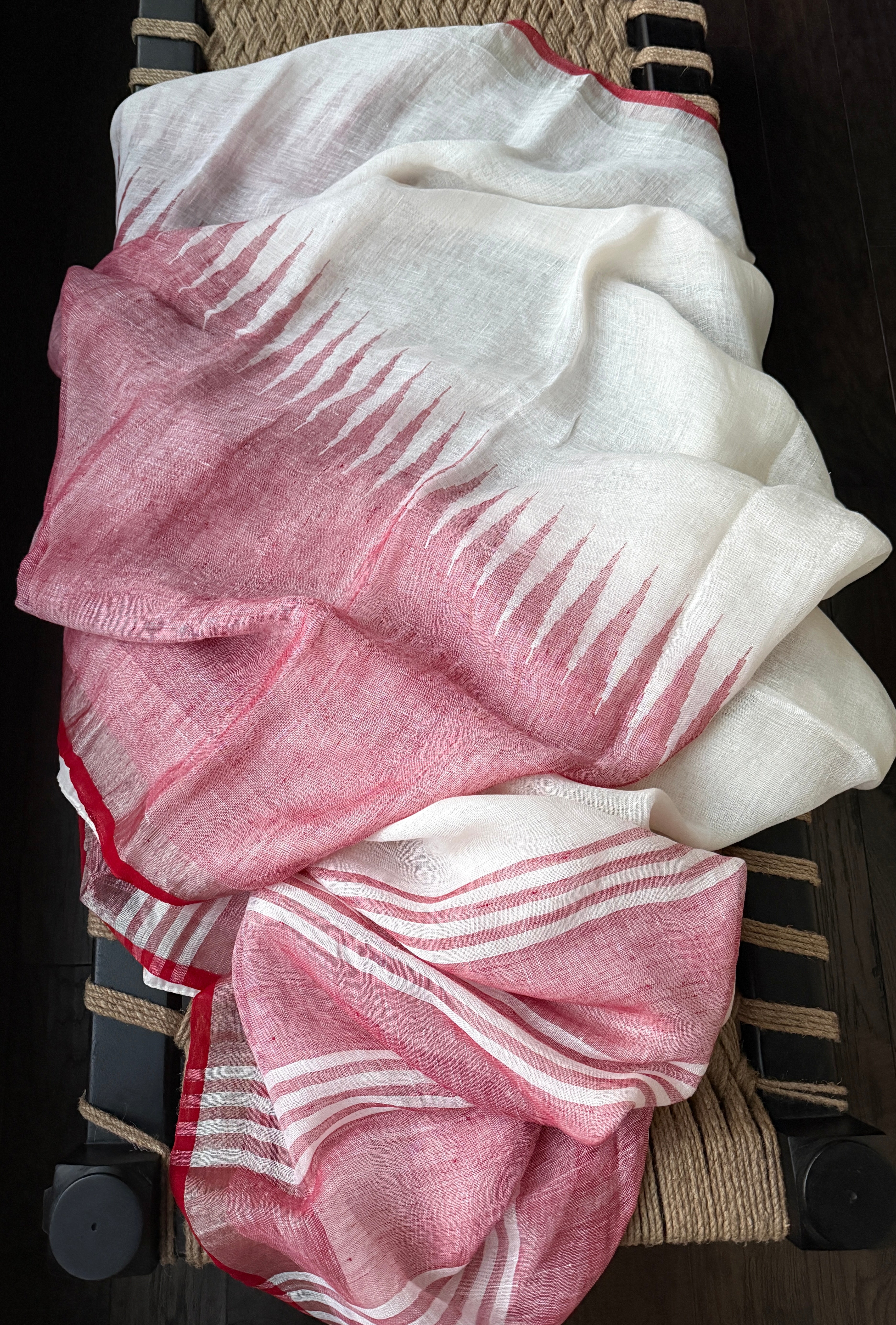 Pure Linen Handloom - White Red Temple