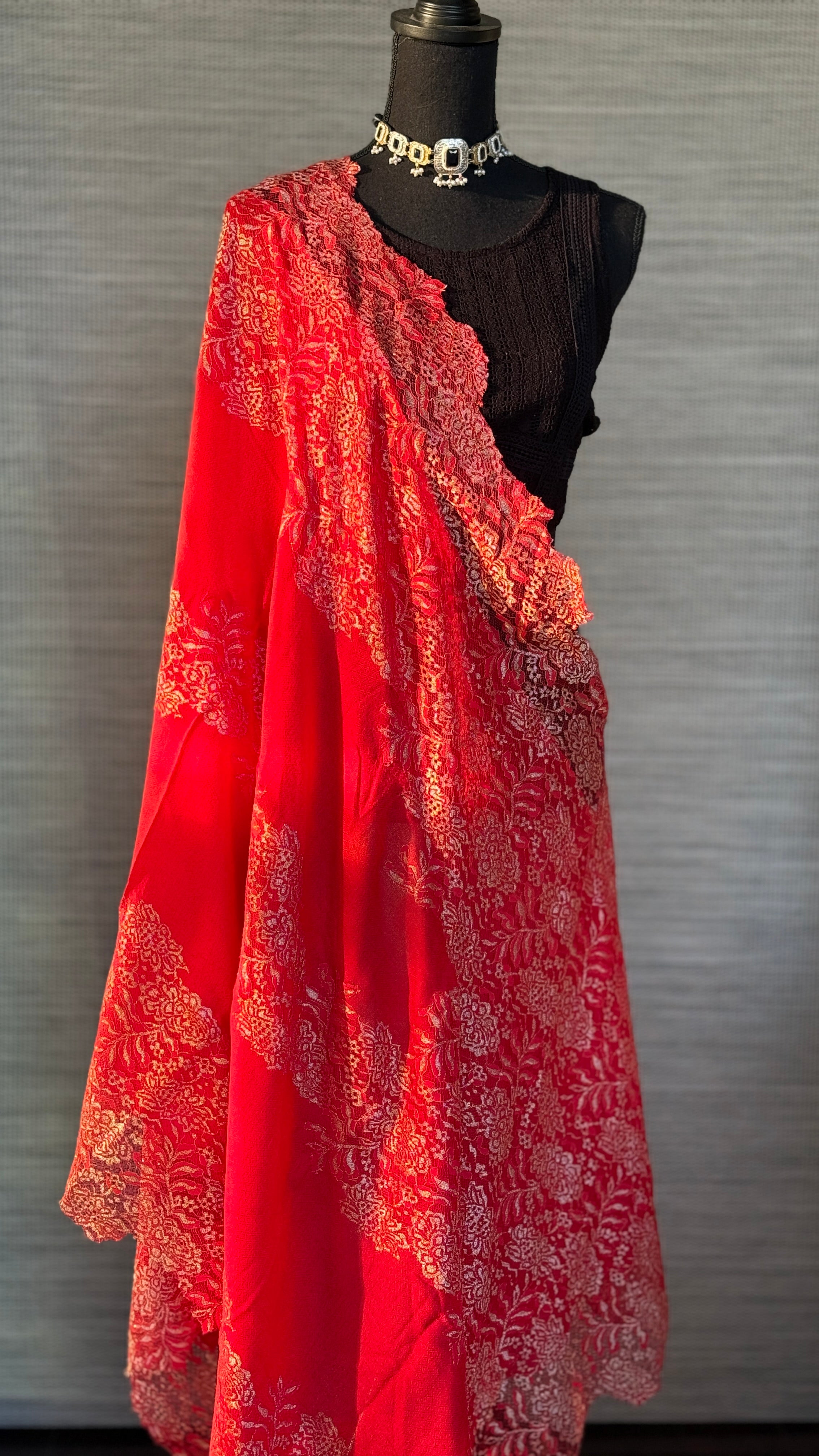 Pure Pashmina Lace Stole - Red
