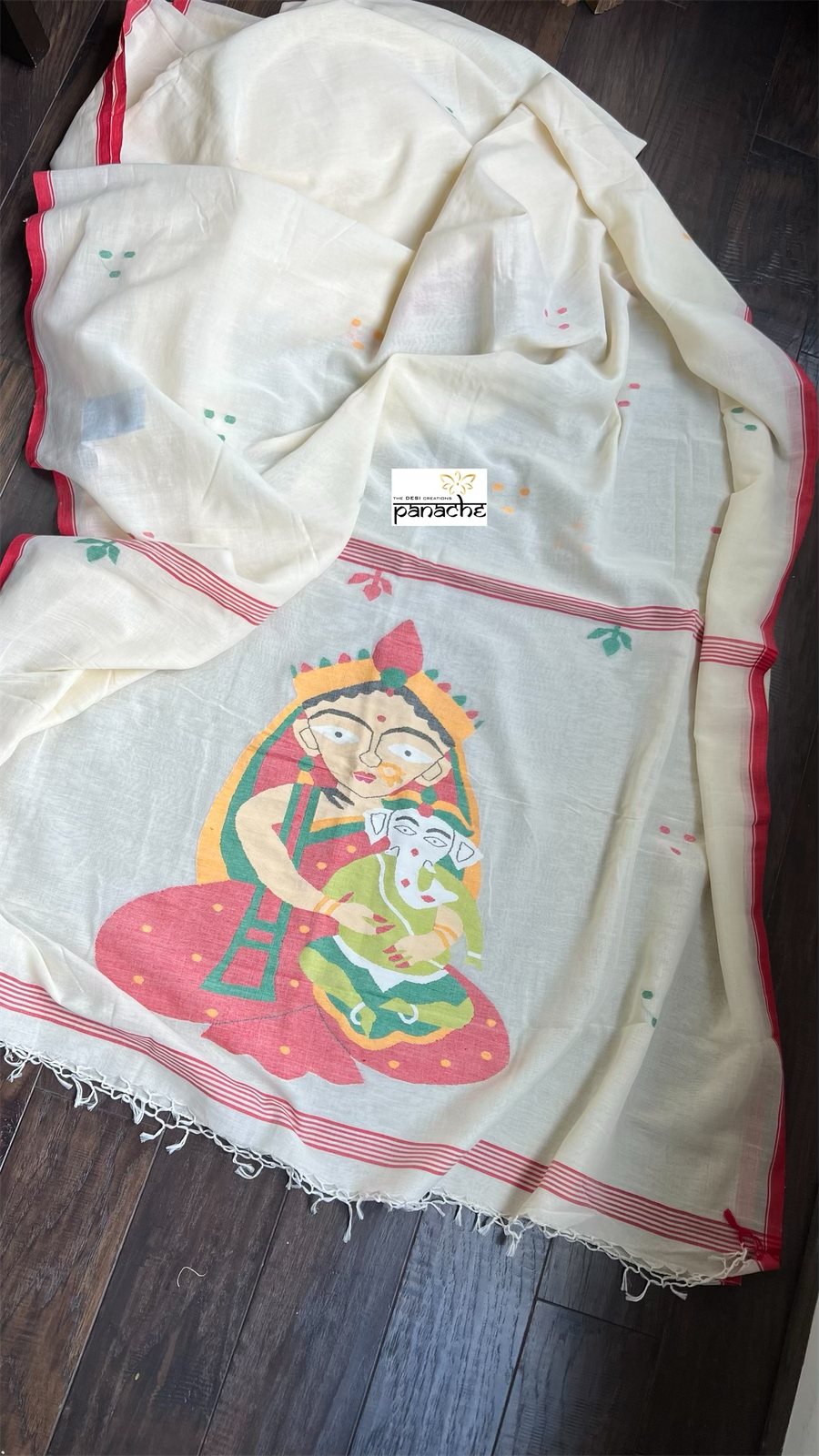 Pure Khadi Cotton  - Light Butter Cream Durga Ganesha