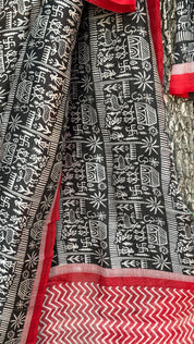 Pure Murshidabad Silk - Black White Red Printed