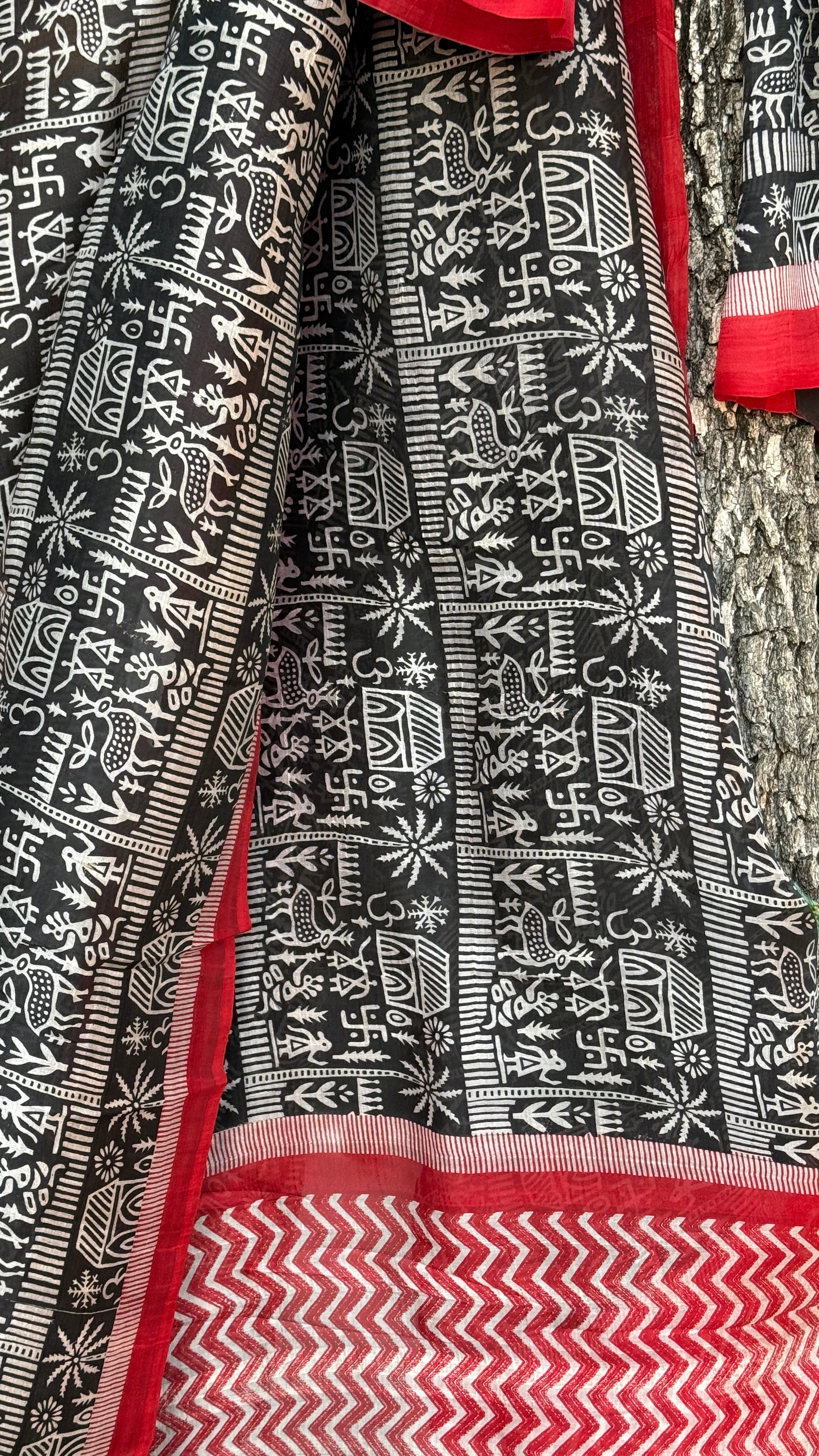 Pure Murshidabad Silk - Black White Red Printed