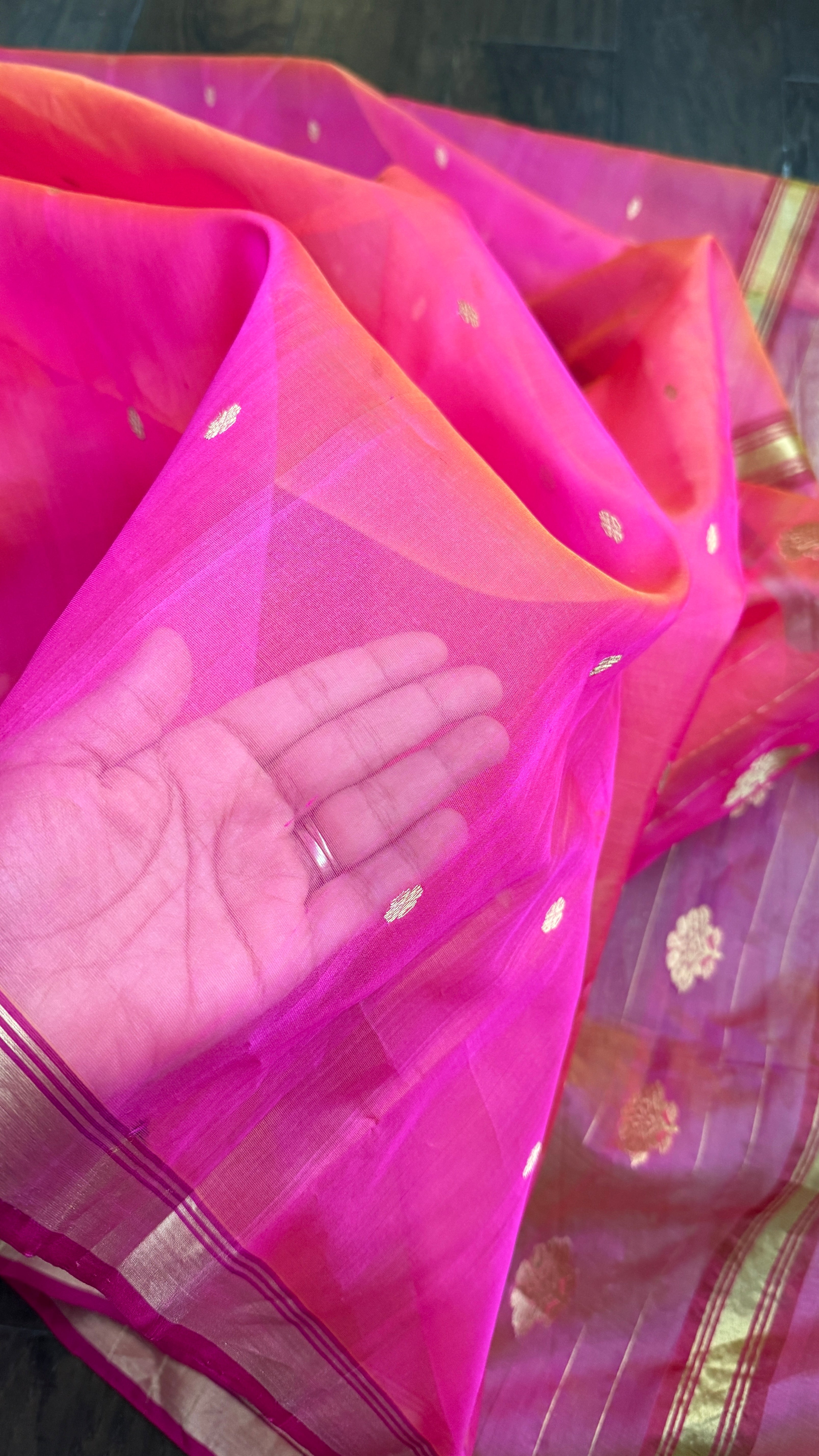 Pure Chanderi Organza Silk - Pink Orange Dual shaded