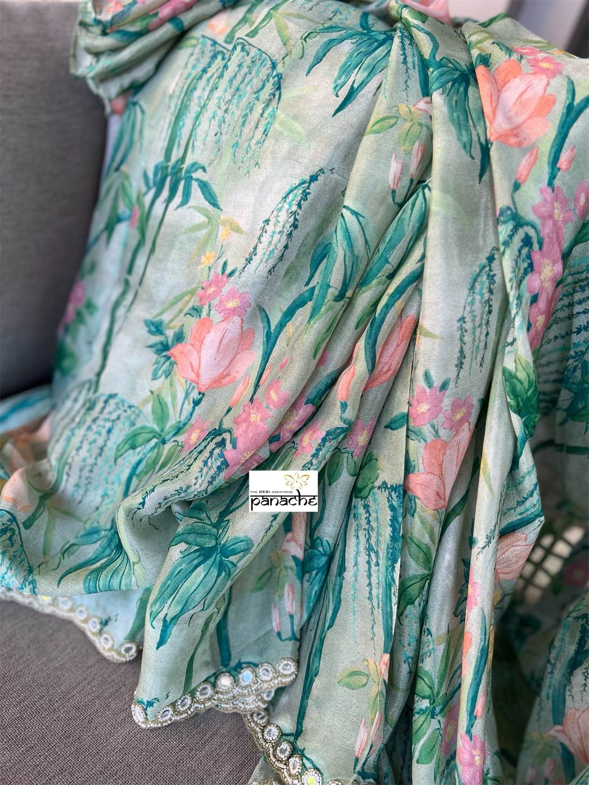 Designer Crepe Satin - Link Green Pink