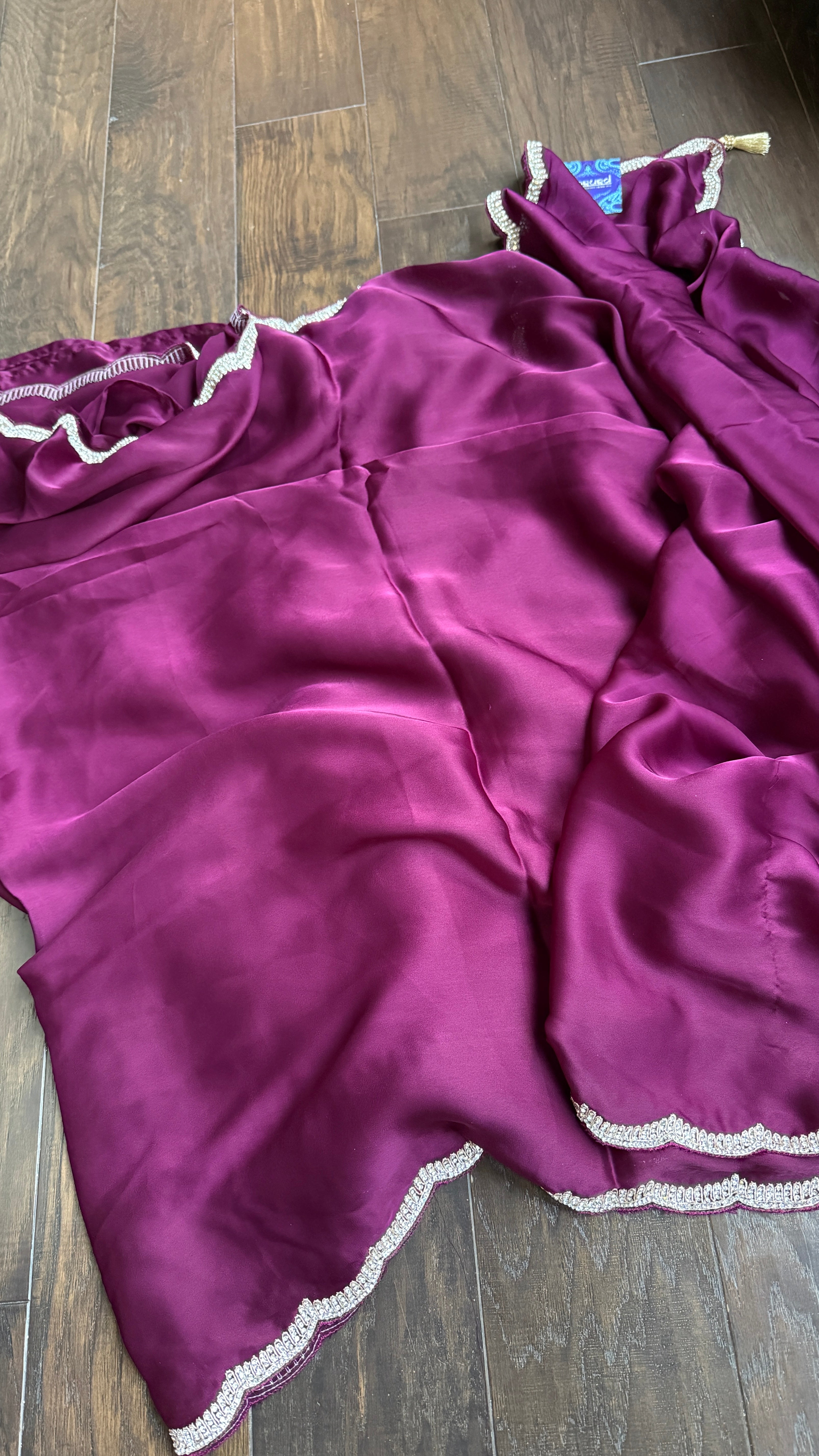 Designer Satin Silk - Wine Stone Border