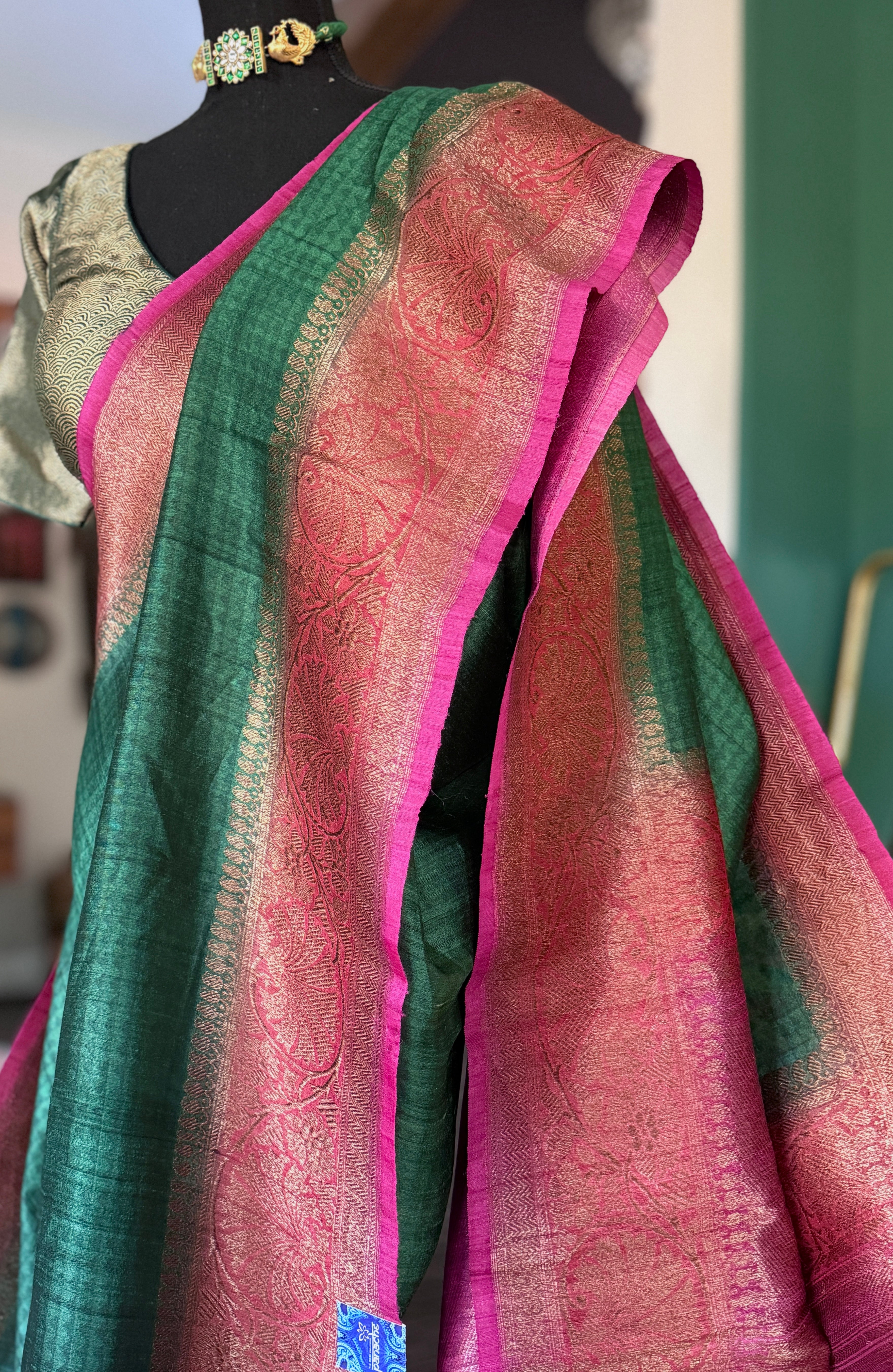 Pure Tussar Silk Banarasi - Green Pink